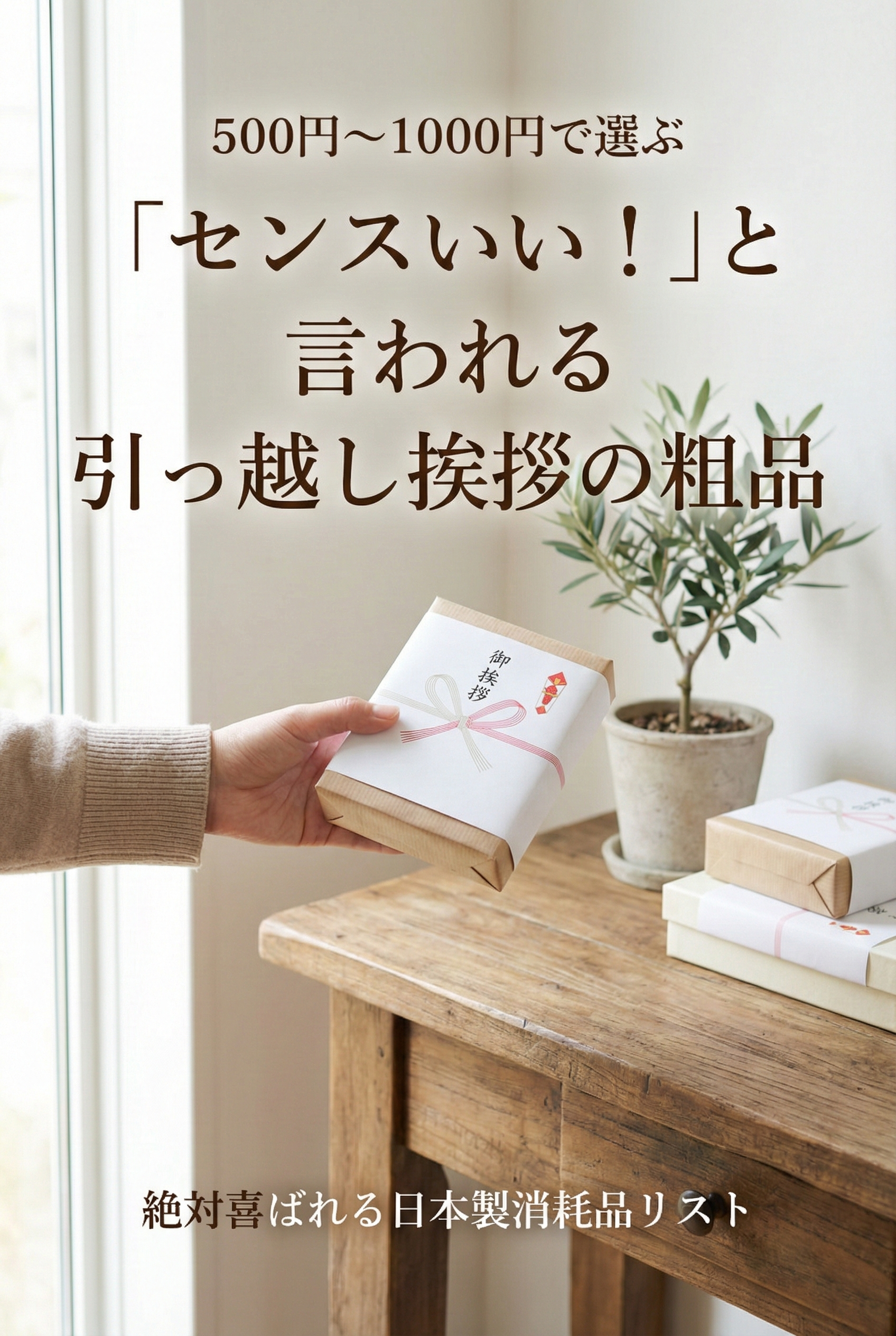 Greeting gifts prepared at the entrance — noshi-wrapped towels and kitchen cloths, bright light suggesting a fresh beginning