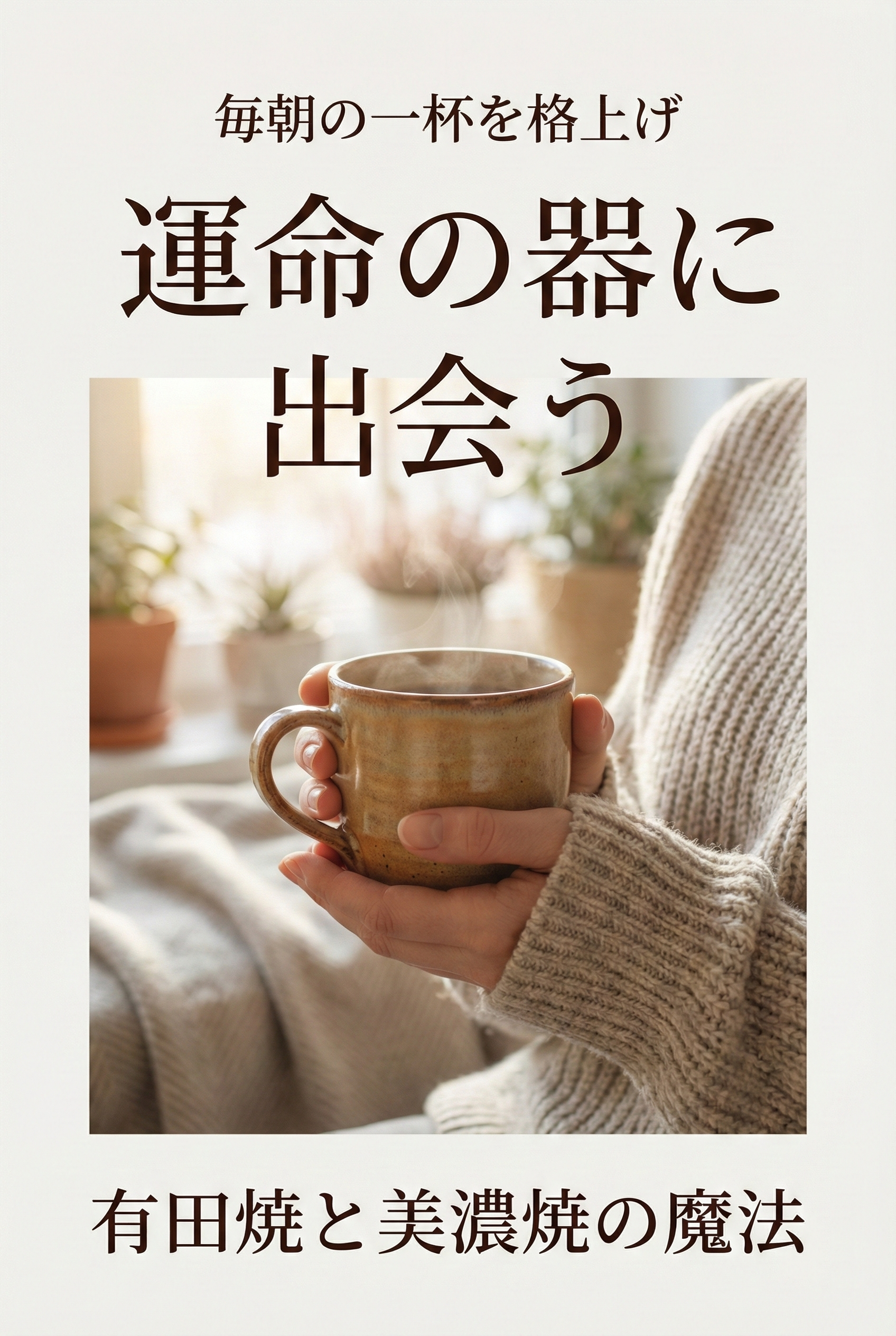 Japanese ceramic mug held in both hands over a morning coffee