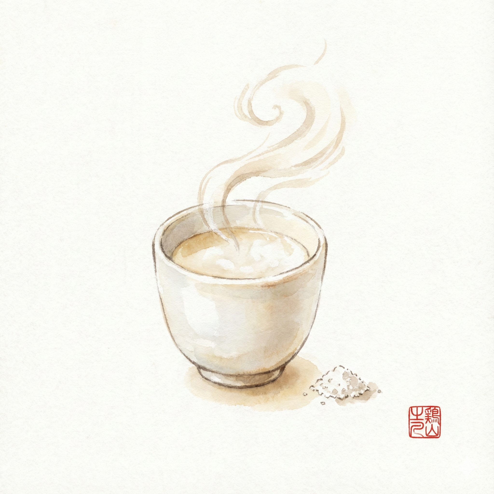 Sipping hot pot broth from a small cup