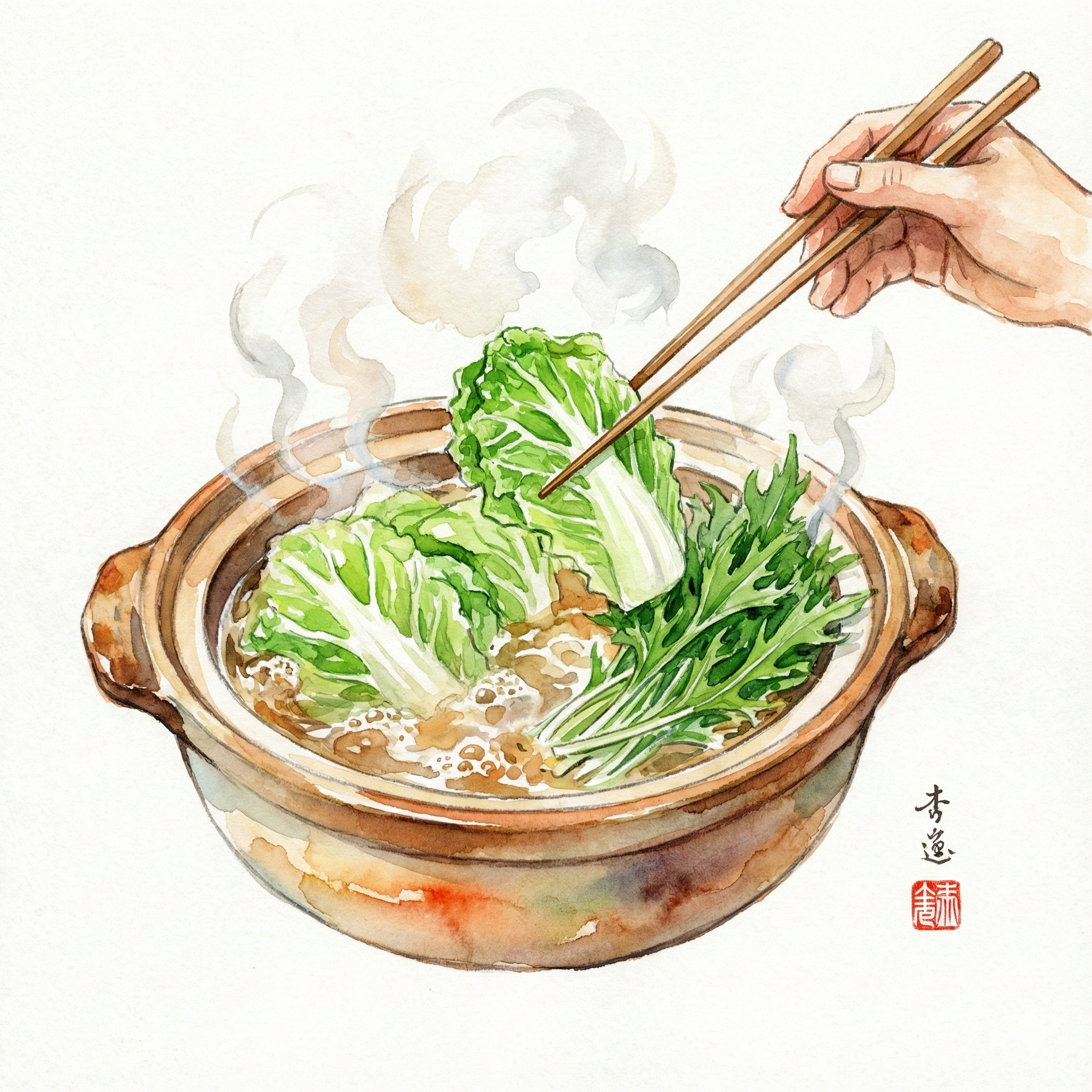 Adding vegetables to the hot pot in small portions
