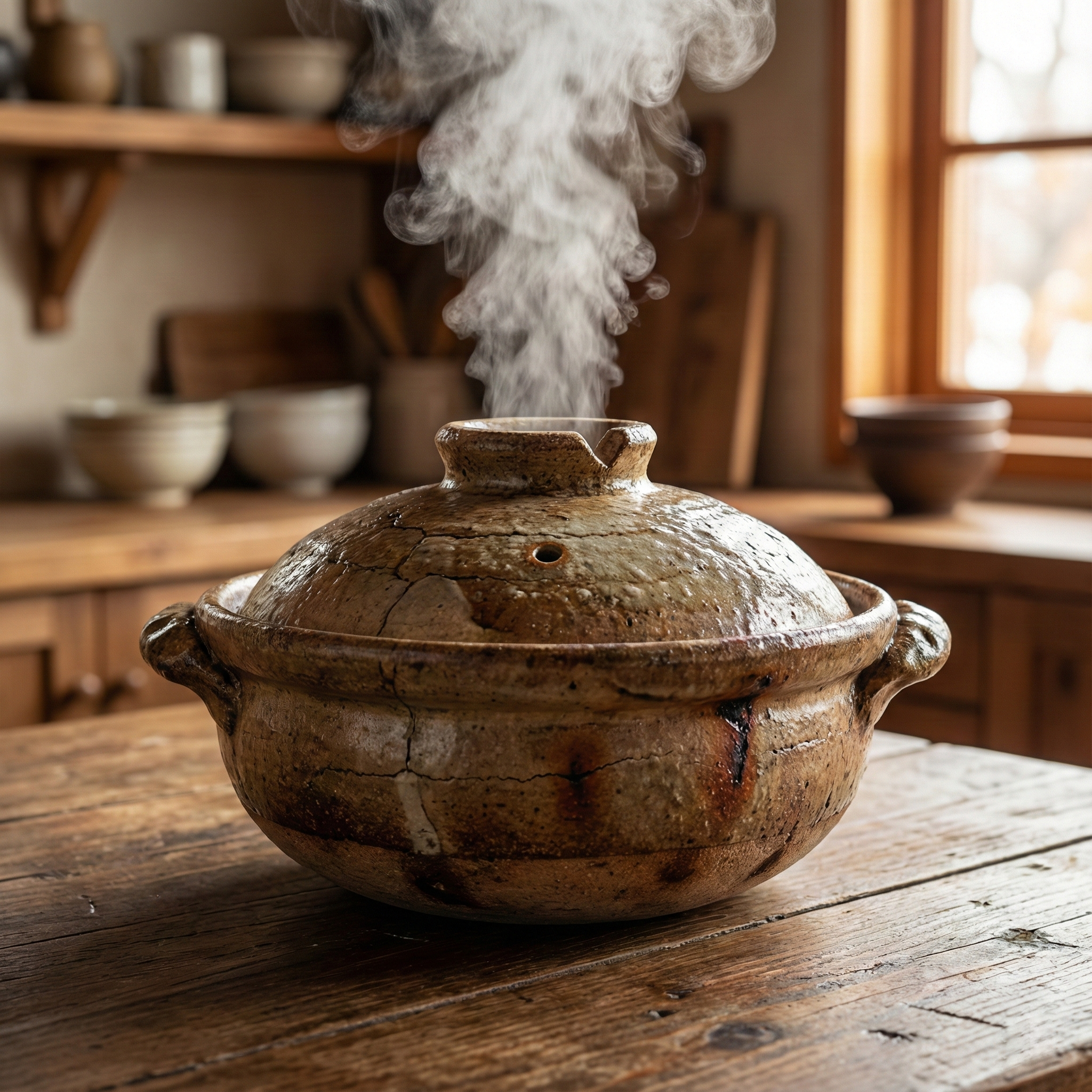 Clay donabe pot simmering on a burner