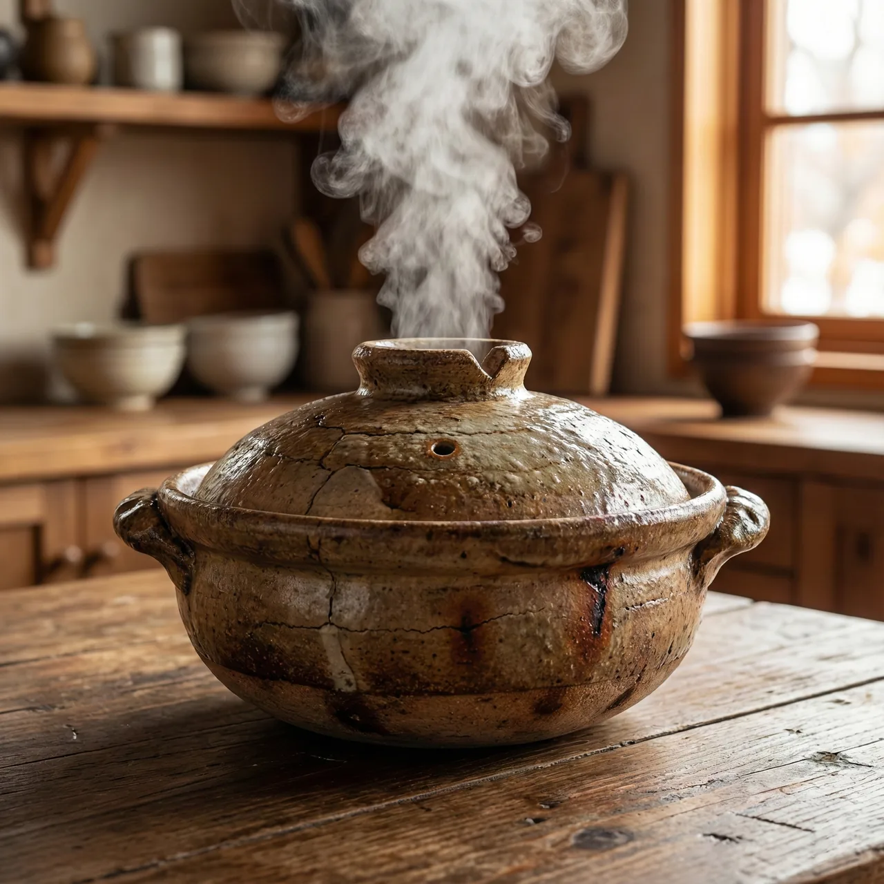 Clay donabe pot simmering on a burner
