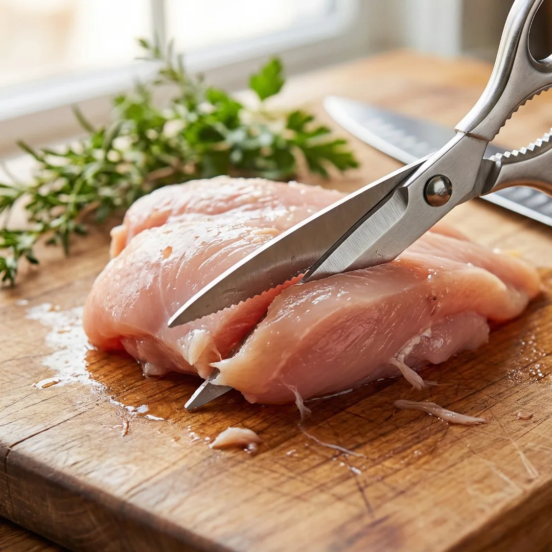 Using kitchen scissors to prep chicken