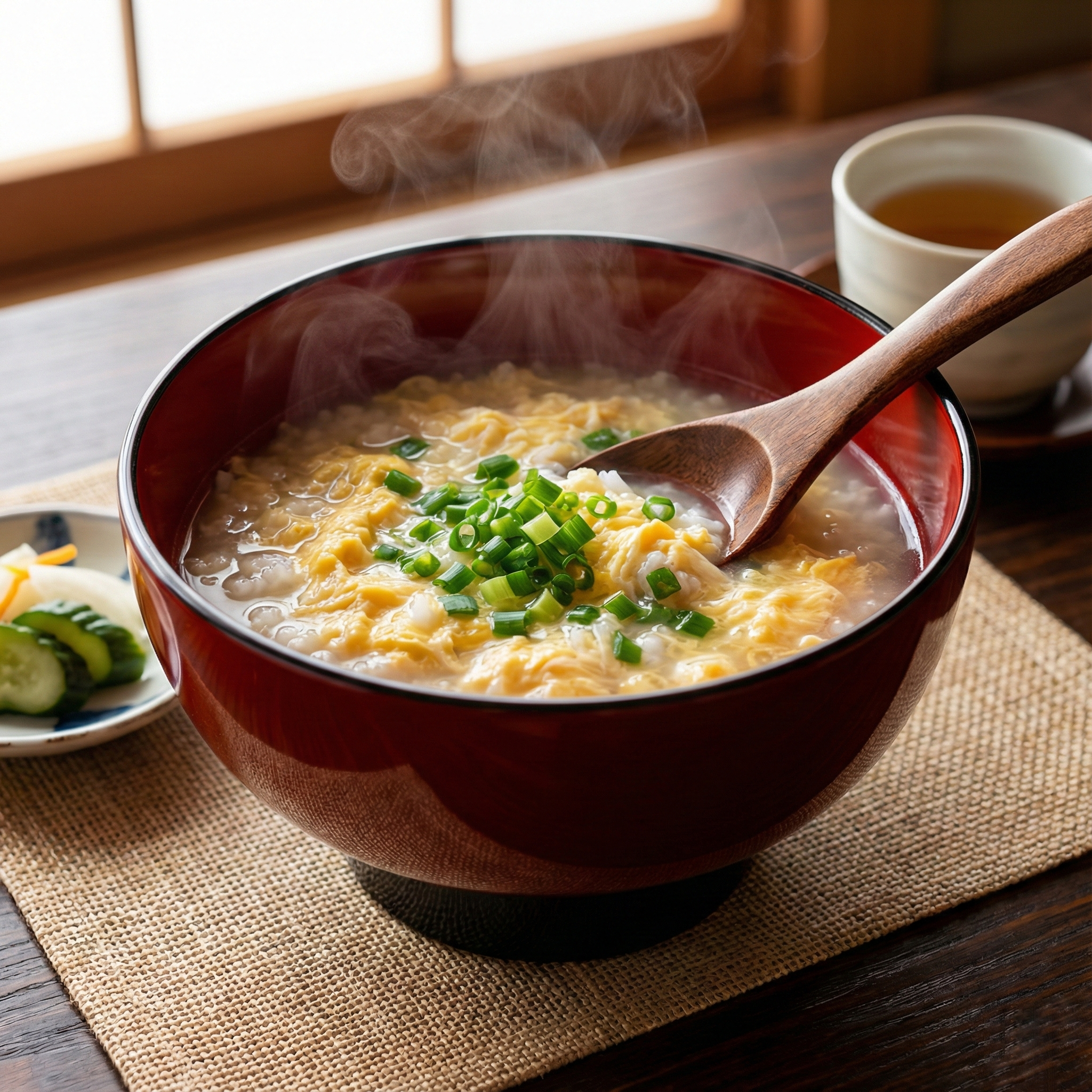 Zosui rice porridge served in a lacquer bowl