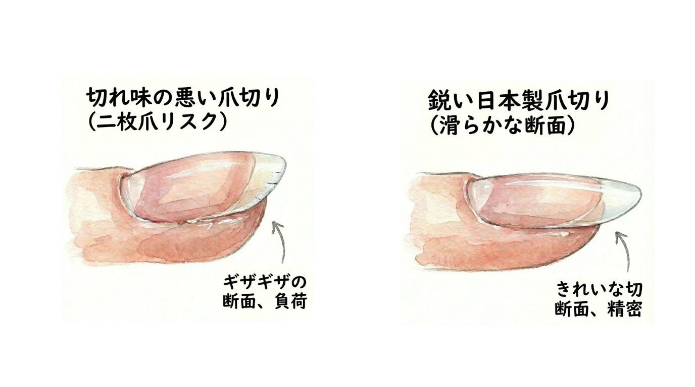 Comparison illustration showing the ragged, crushed nail cross-section from a cheap clipper versus the clean, smooth cut from a Japanese luxury clipper