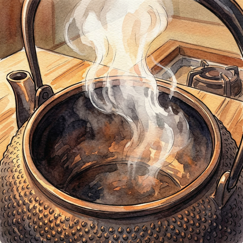 A Nanbu Tekki tetsubin kettle boiling water on a flame, steam rising from the lid