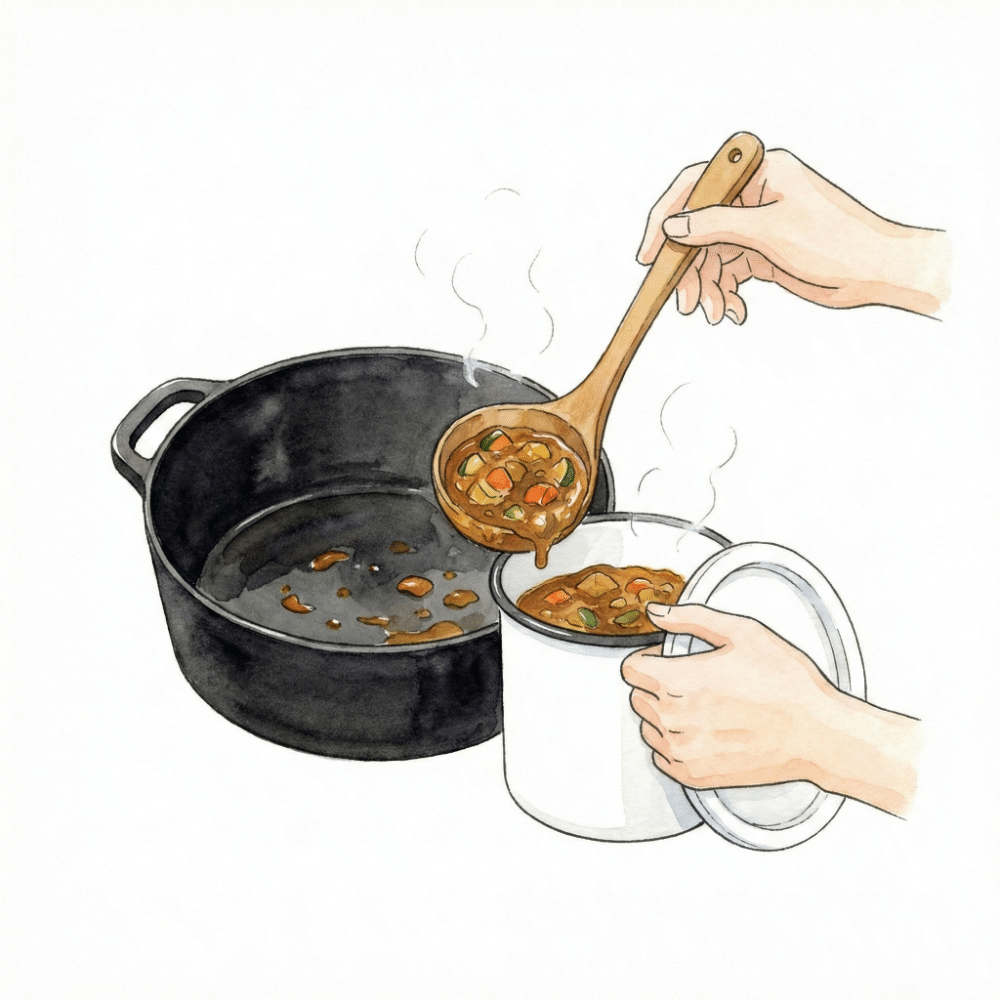 Illustration of leftover curry being ladled from a Dutch oven into a plastic container using a ladle