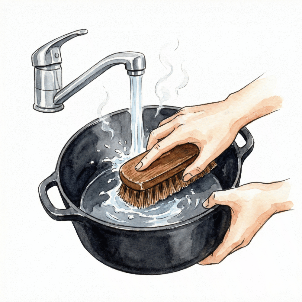 Illustration of cleaning a cast iron pot with hot water and a bamboo brush, no soap, steam visible