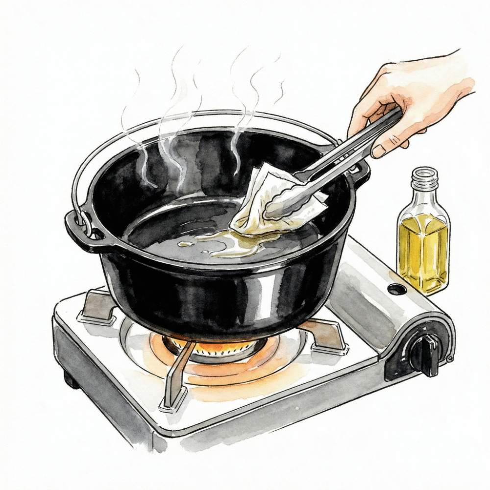 Illustration of wiping a dried cast iron pot with an oiled paper towel held by tongs