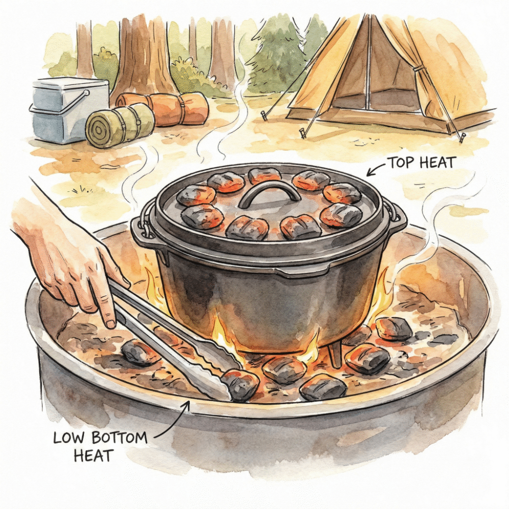 Diagram showing a Dutch oven over charcoal with the coal position adjusted to create controlled, indirect heat