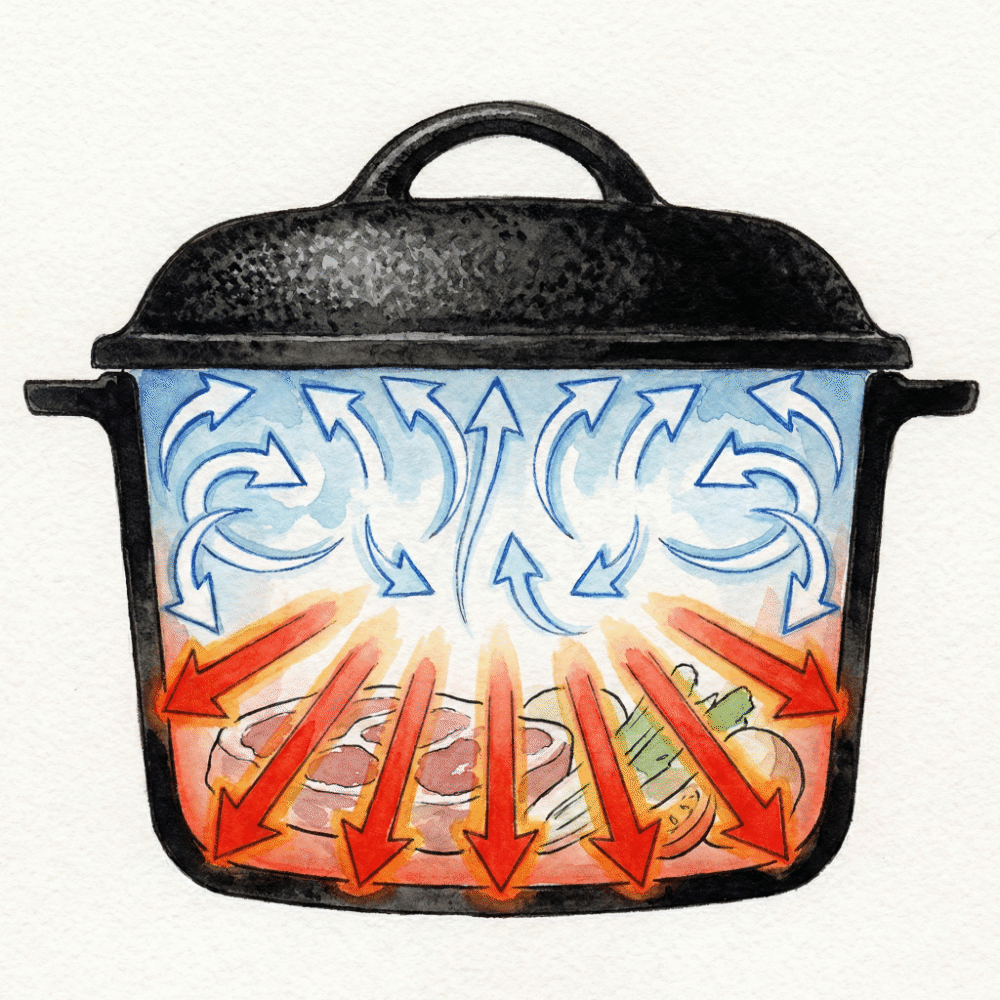 Cross-section illustration of steam circulating inside a sealed Dutch oven, with the heavy lid pressing down