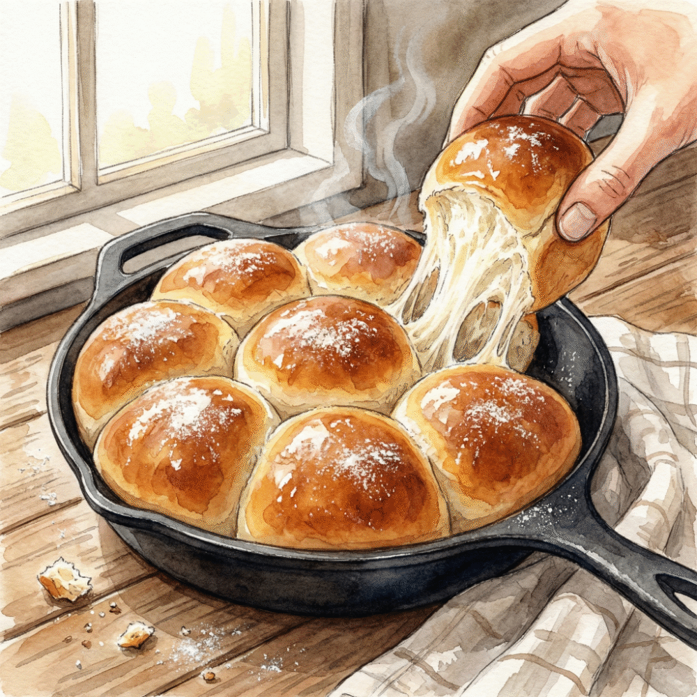 Skillet pull-apart rolls fresh from the camp fire, puffed and golden, with steam rising from one that's been torn away