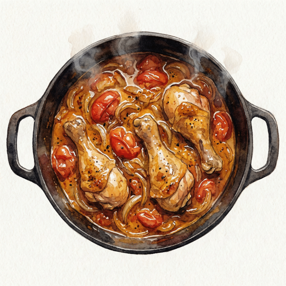 A Dutch oven full of deeply colored waterless curry with dissolving vegetables creating a thick, rich sauce