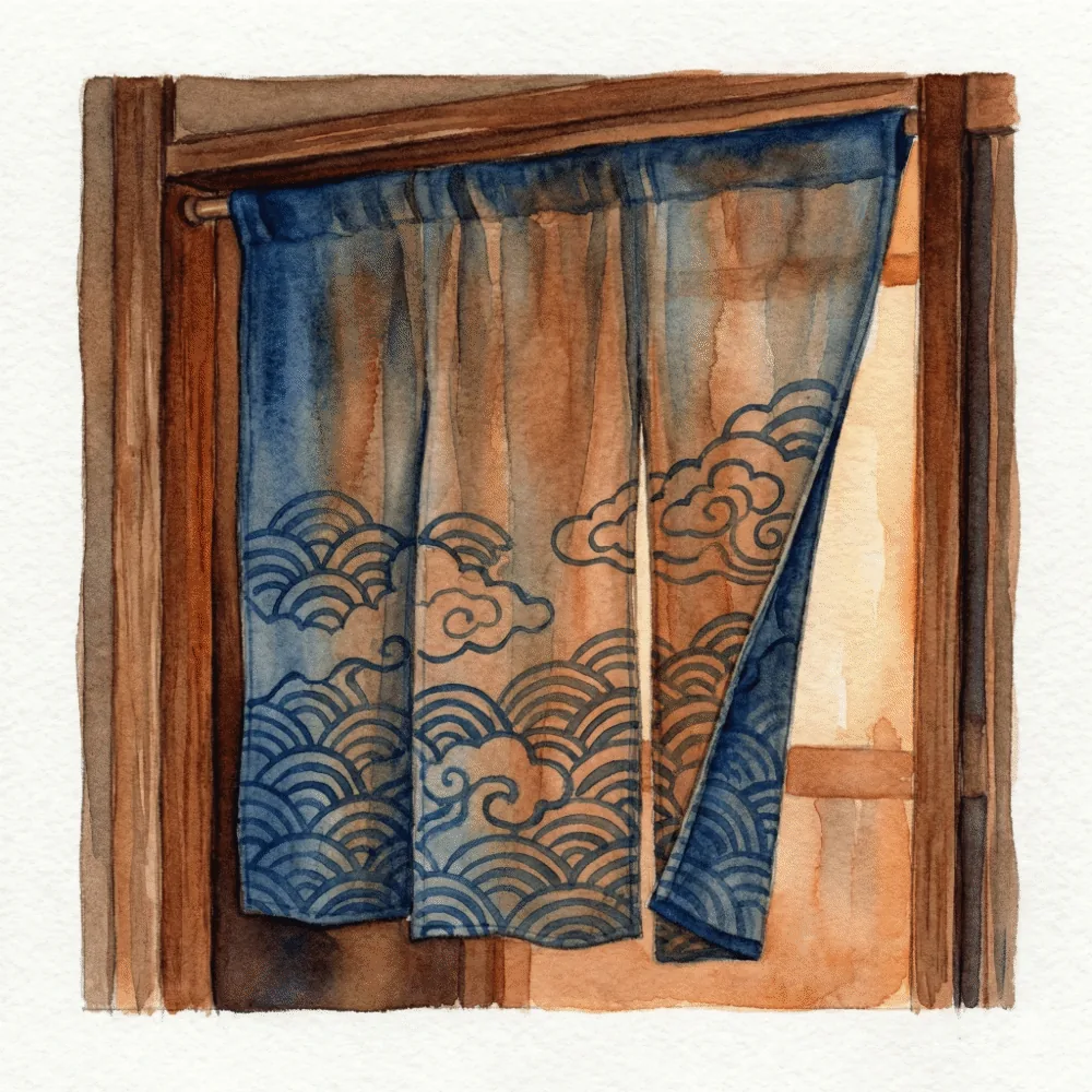 Illustration of a soft cotton noren with traditional Japanese pattern and low translucency