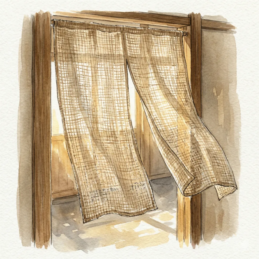 Illustration of a translucent hemp noren with a loose open weave billowing in the breeze