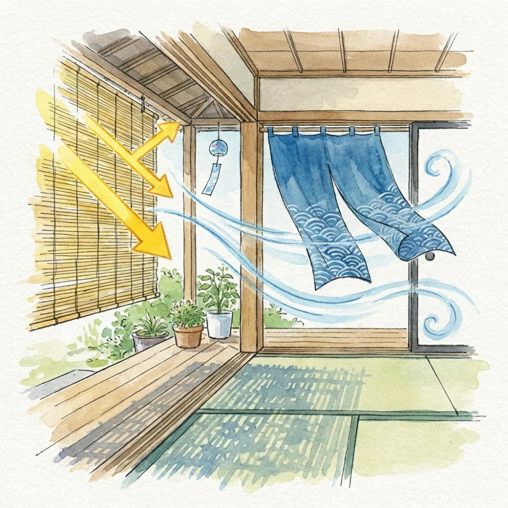 Illustration of a Japanese veranda with noren billowing in the breeze and sudare blocking harsh sunlight outside