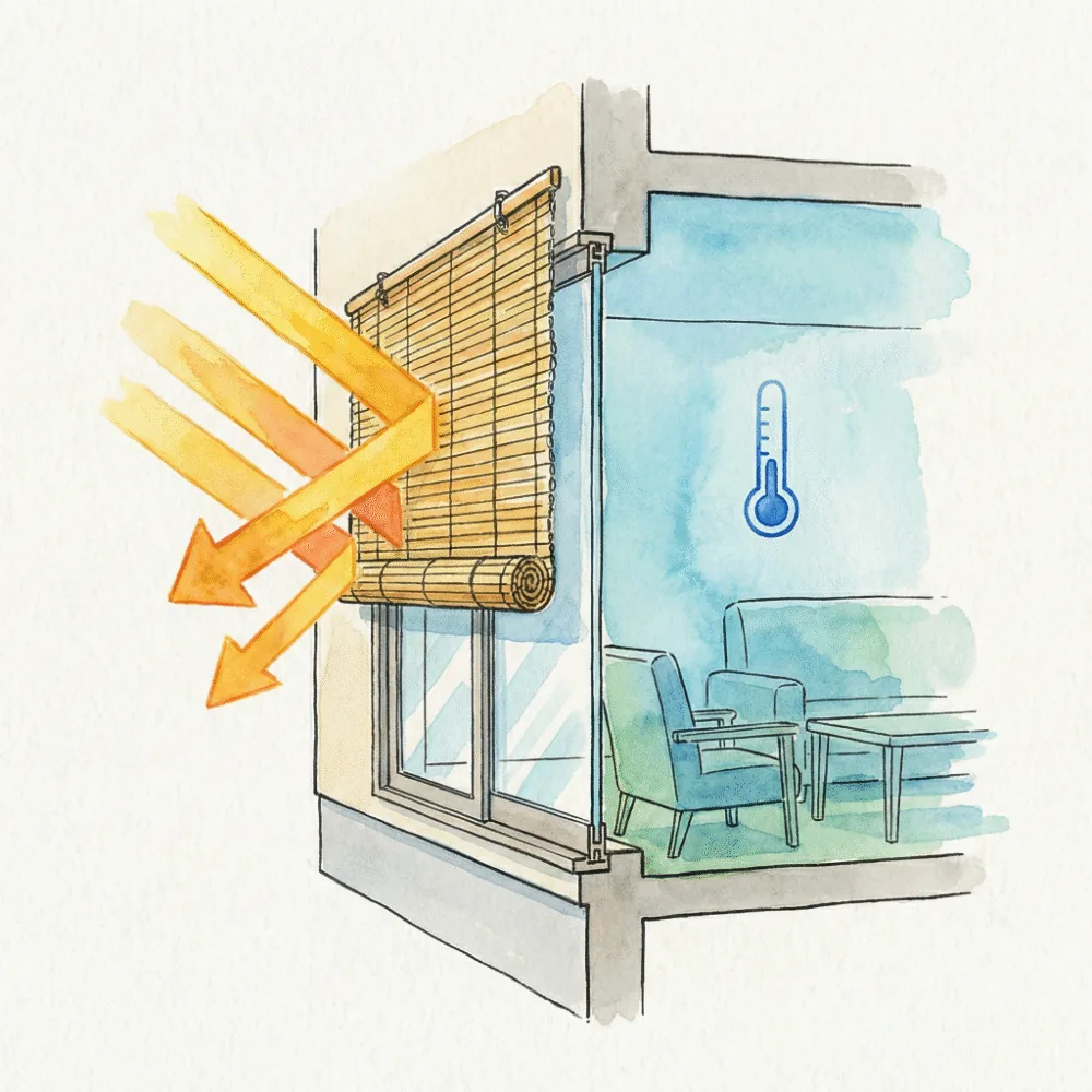 Cross-section illustration of a house showing sudare hung outside the window, blocking sunlight before it reaches the glass