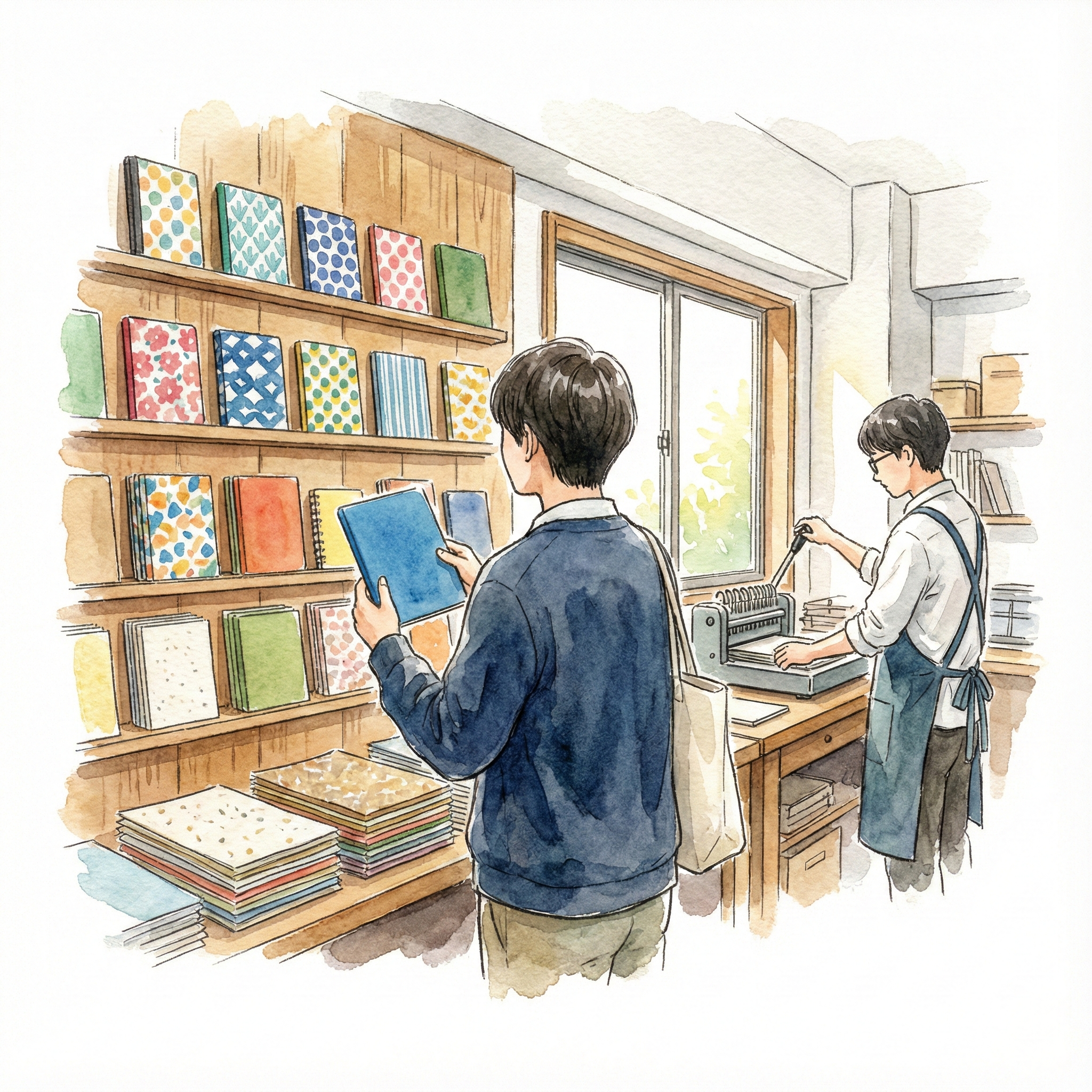 Illustration of choosing from dozens of covers and paper types at Kakimori in Kuramae, Tokyo, to create a custom notebook
