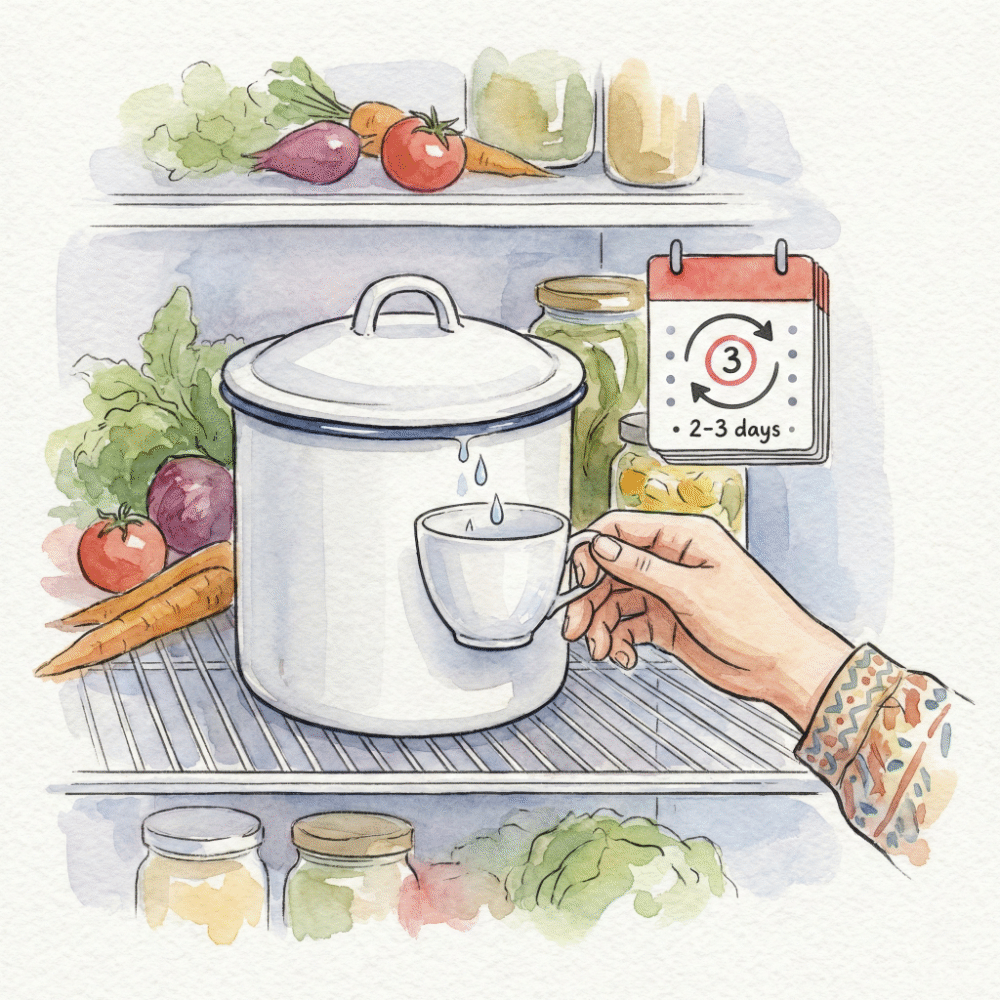 Illustration of a Noda Horo container inside a fridge alongside a calendar icon showing stirring frequency