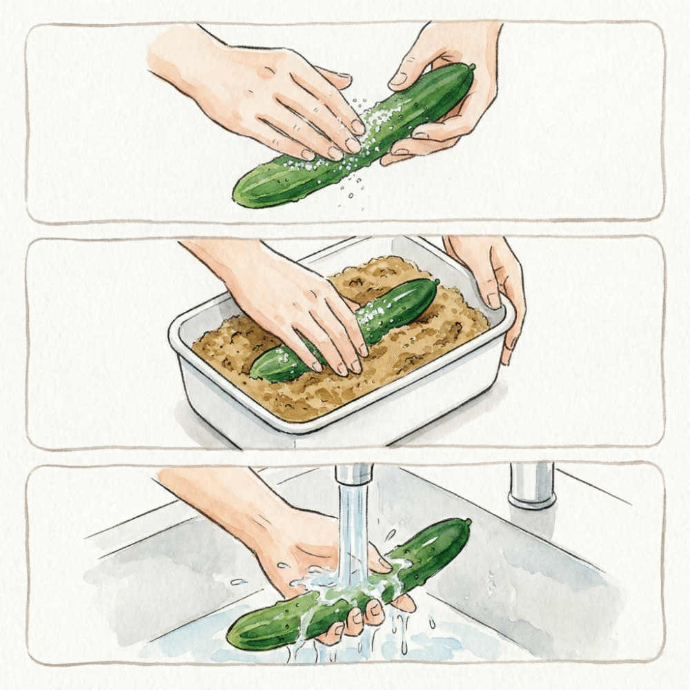 Illustration showing the 3 steps: salt-rubbing vegetables, burying them in the nukadoko, and rinsing after pickling