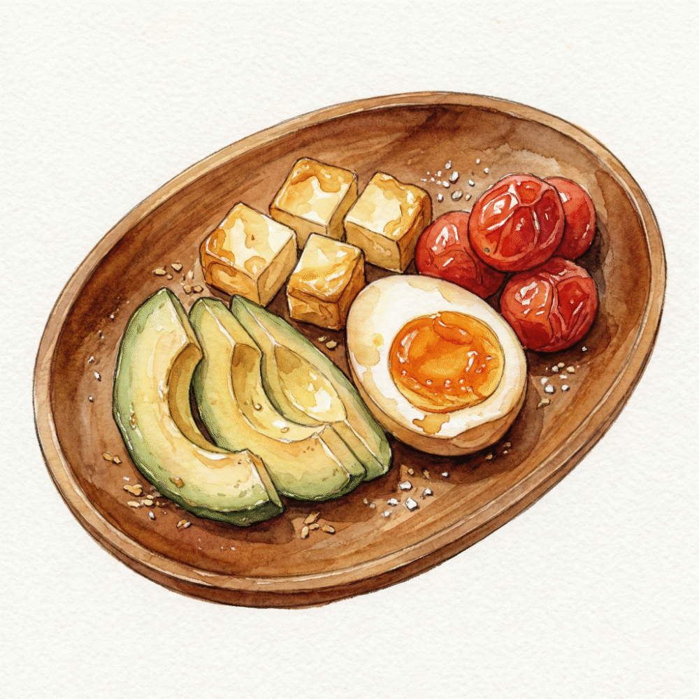 Illustration of avocado, cheese, hard-boiled egg, and cherry tomato nukaduke arranged colorfully on a wooden plate