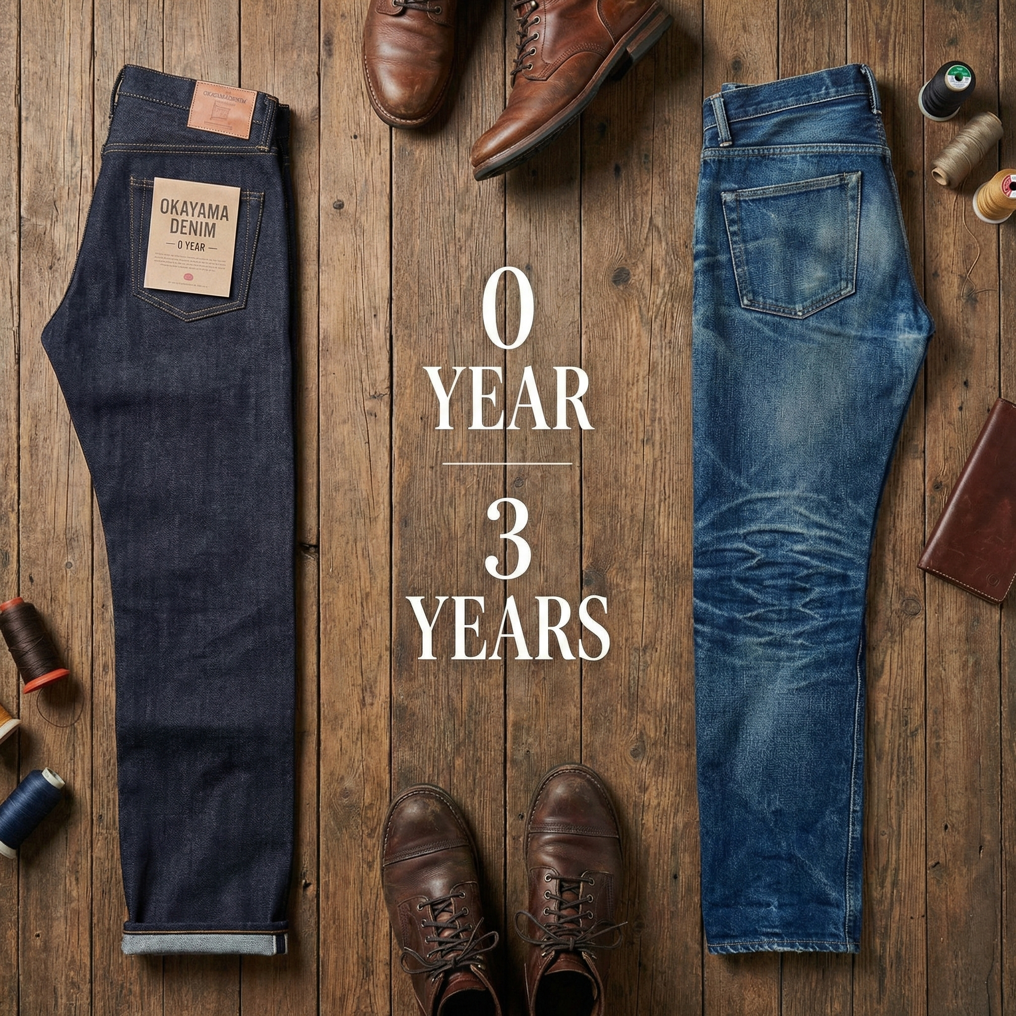 Comparison illustration: new deep indigo jeans on the left, beautifully faded pair on the right after three years of wear
