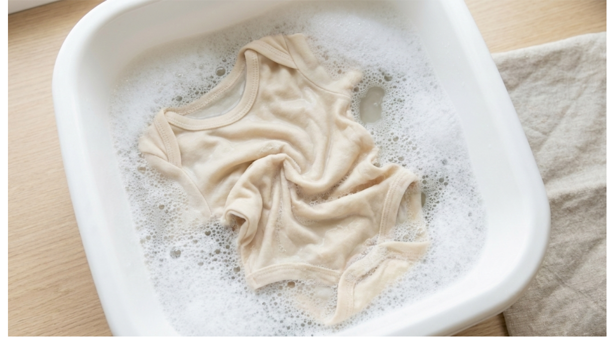 Gently washing baby clothes by hand