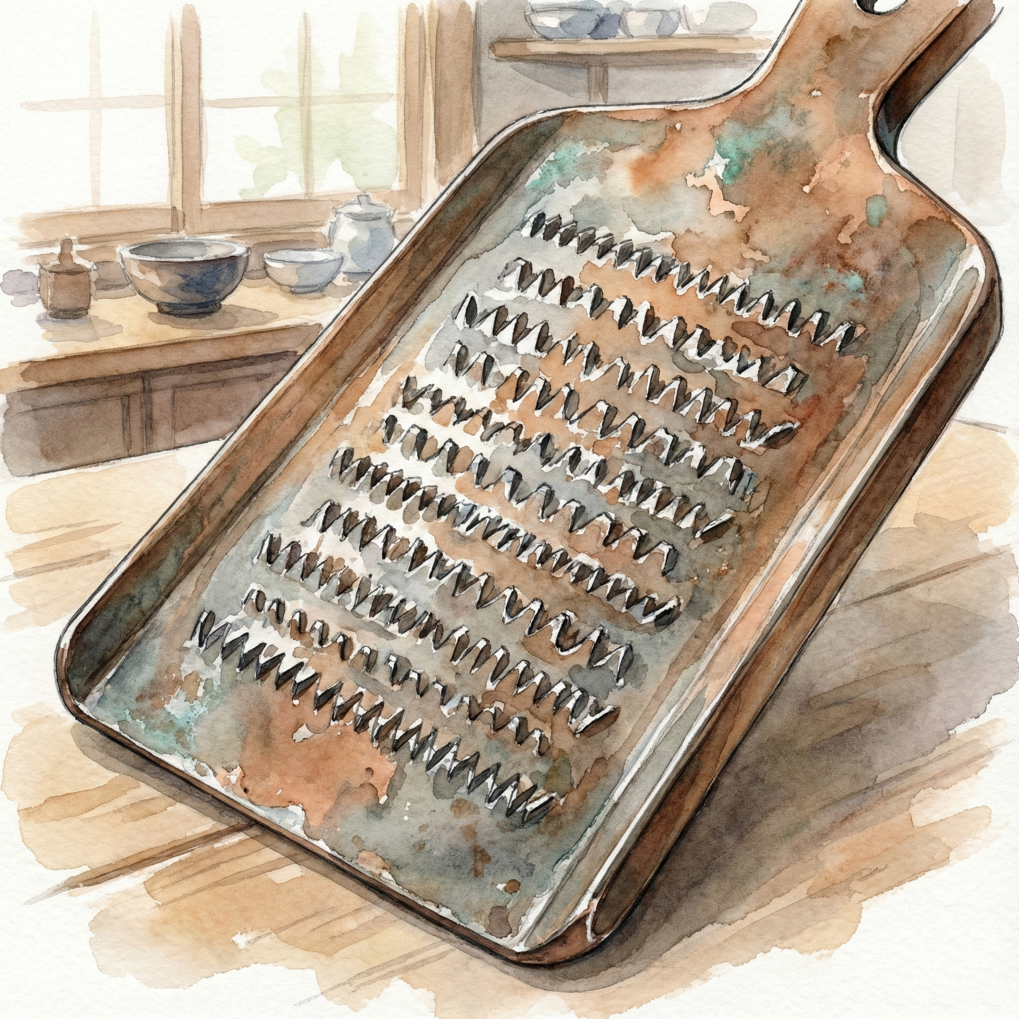 Watercolor-style illustration of a hand-forged copper grater