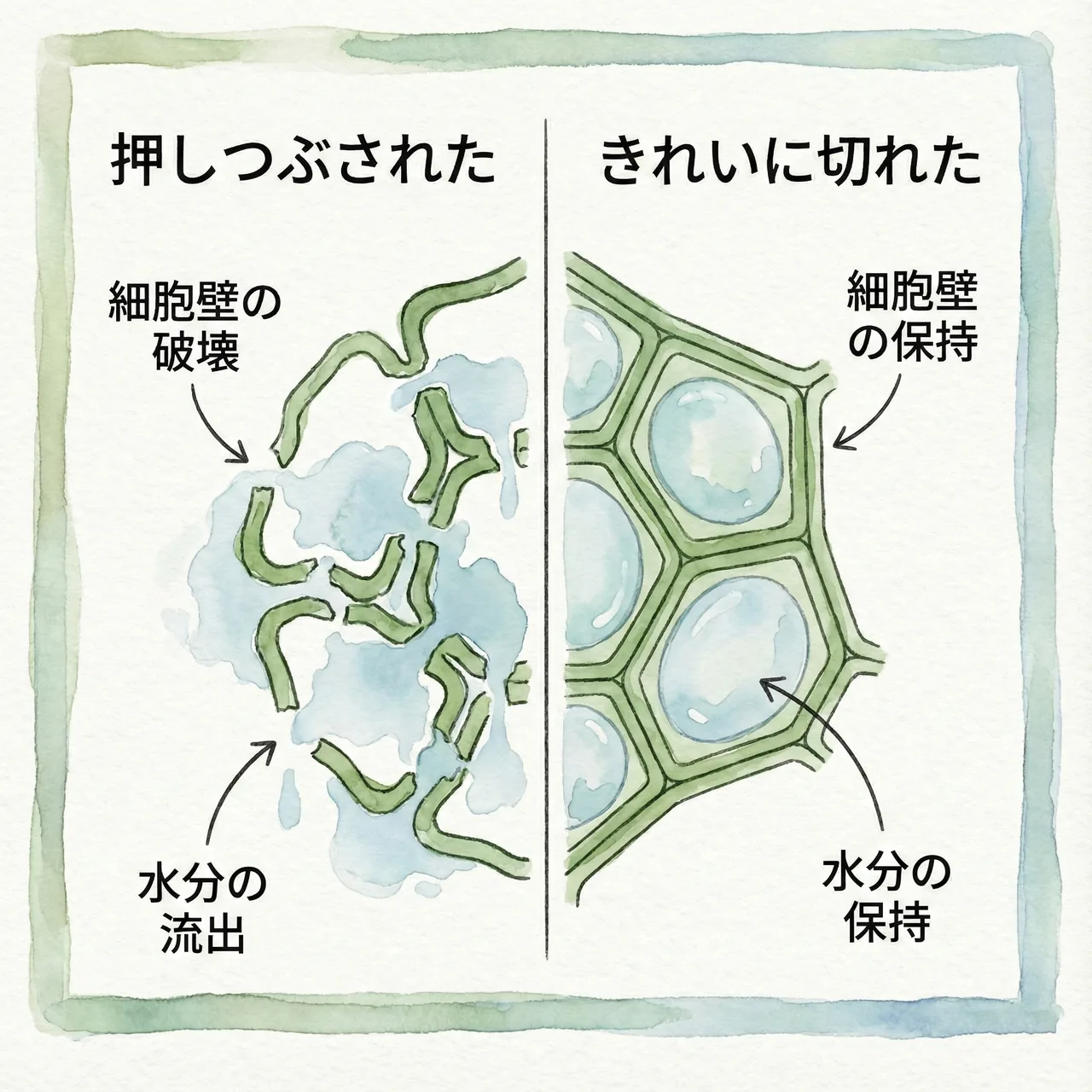 Comparison diagram showing crushed daikon cells versus cleanly cut daikon cells