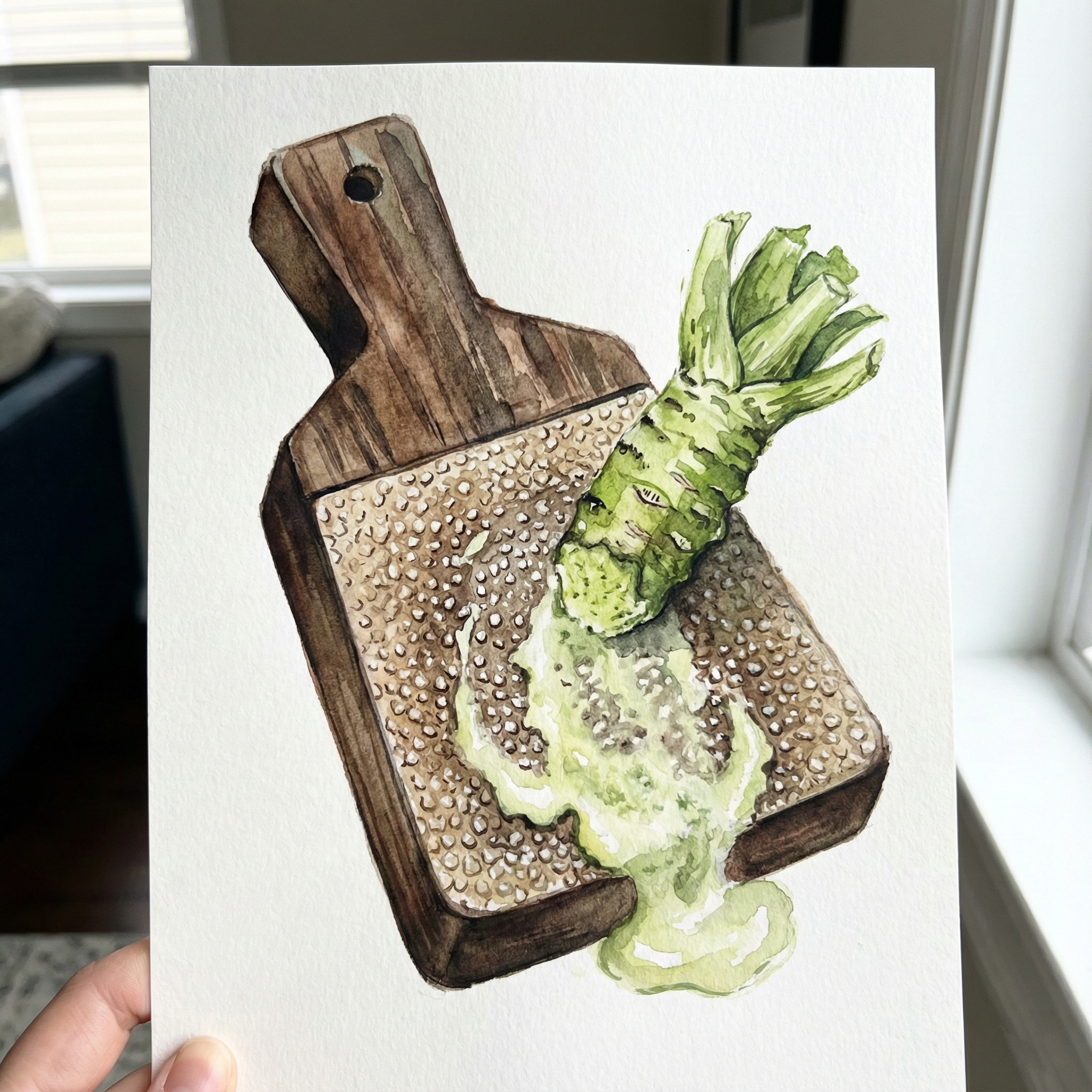 Watercolor-style illustration of wasabi being grated in a circular motion on a sharkskin paddle