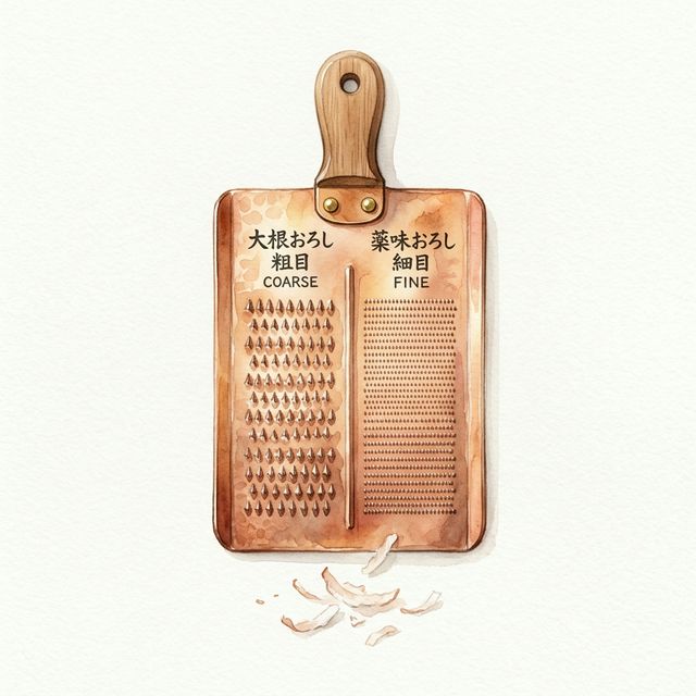 Watercolor illustration of a double-sided copper grater showing coarse and fine tooth sides
