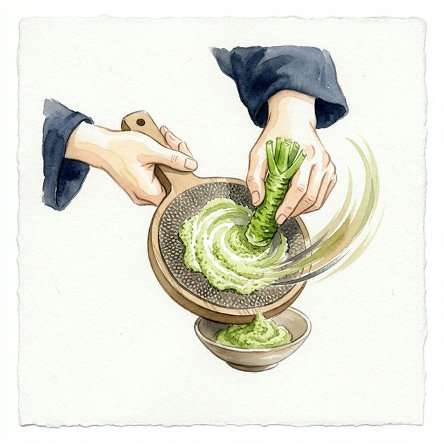 Watercolor illustration of fresh wasabi being grated in a circular motion