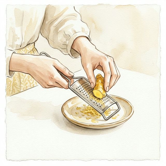 Watercolor illustration of ginger being grated on a small stainless grater