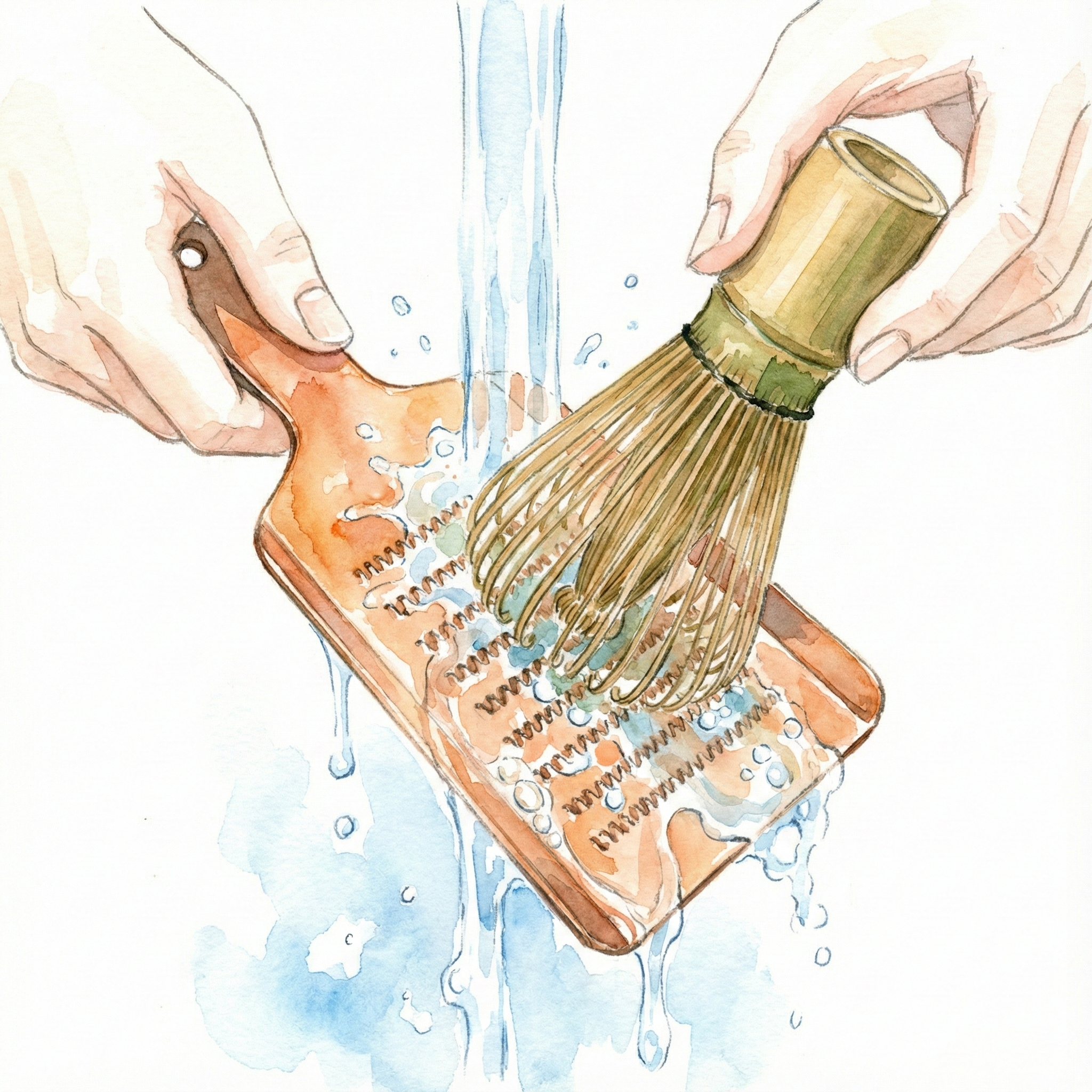 Illustration of a sasara brush being used to clean a grater