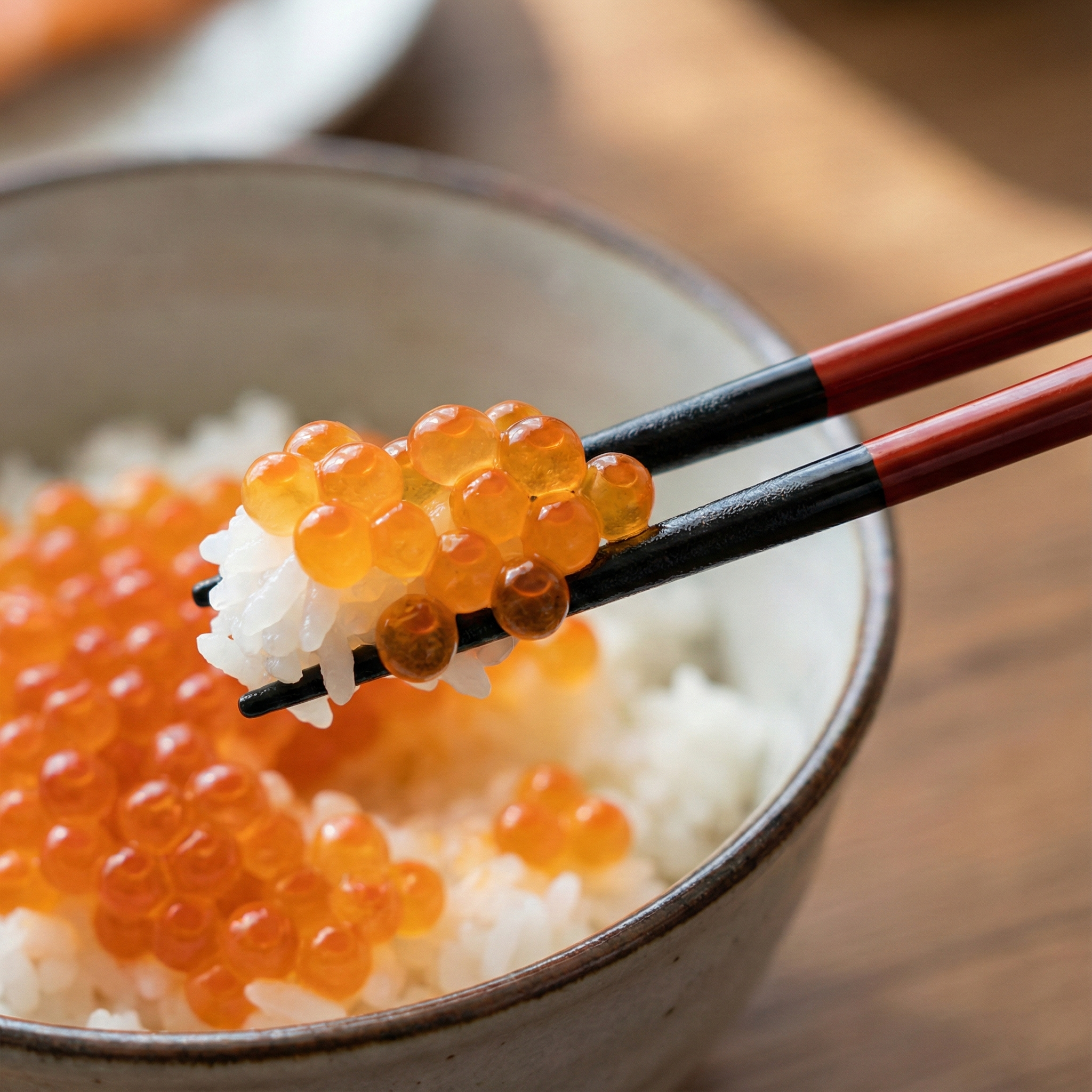 Fine-tipped premium lacquered chopsticks picking up a rice accompaniment