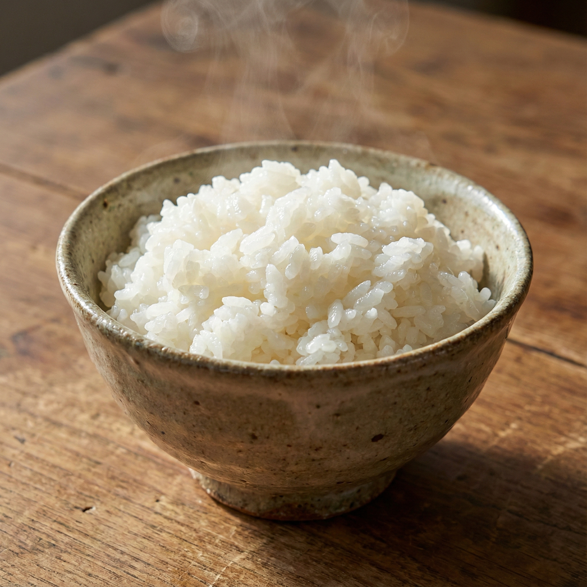 A warm ceramic rice bowl holding freshly cooked white rice