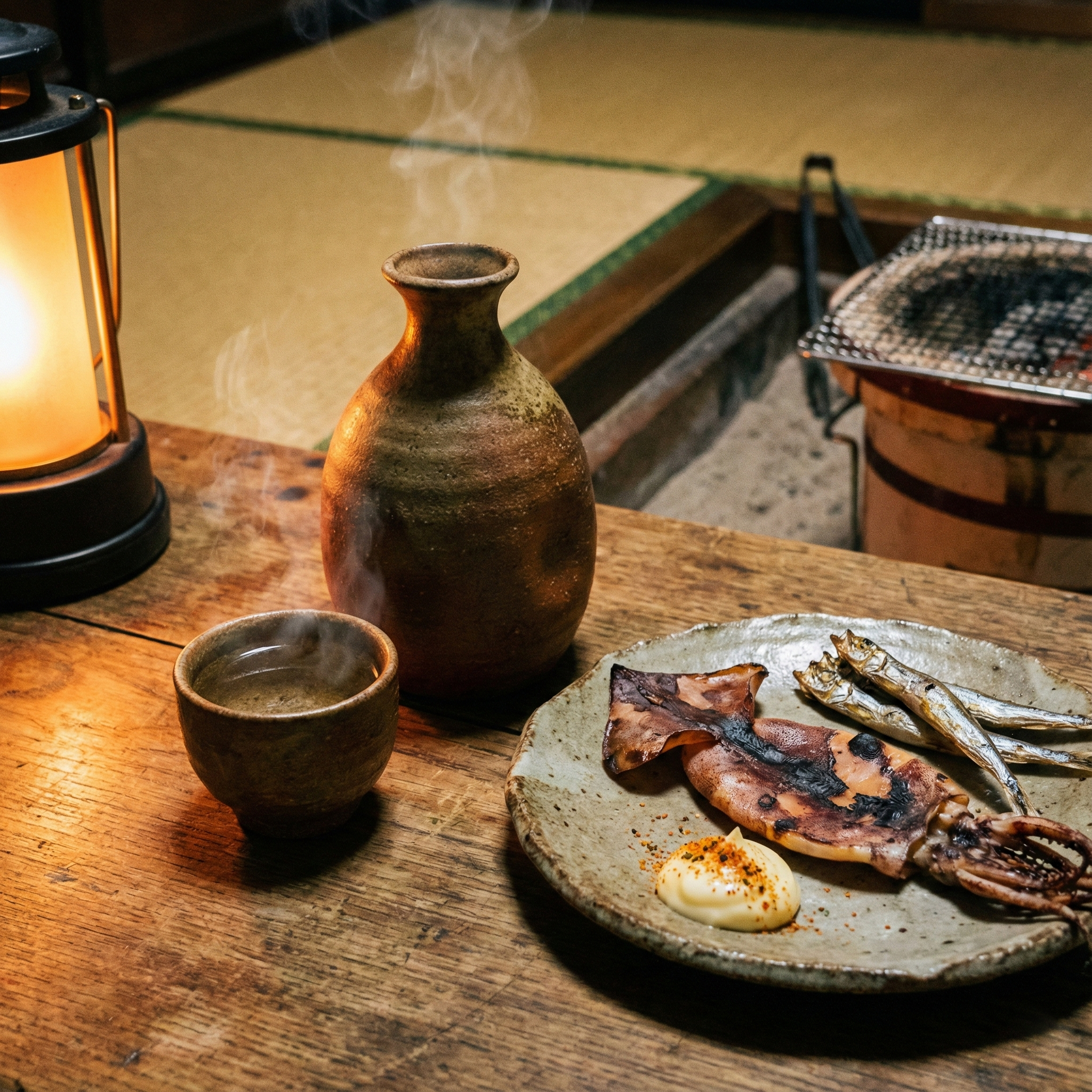 Hot sake and dried fish with a ceramic guinomi