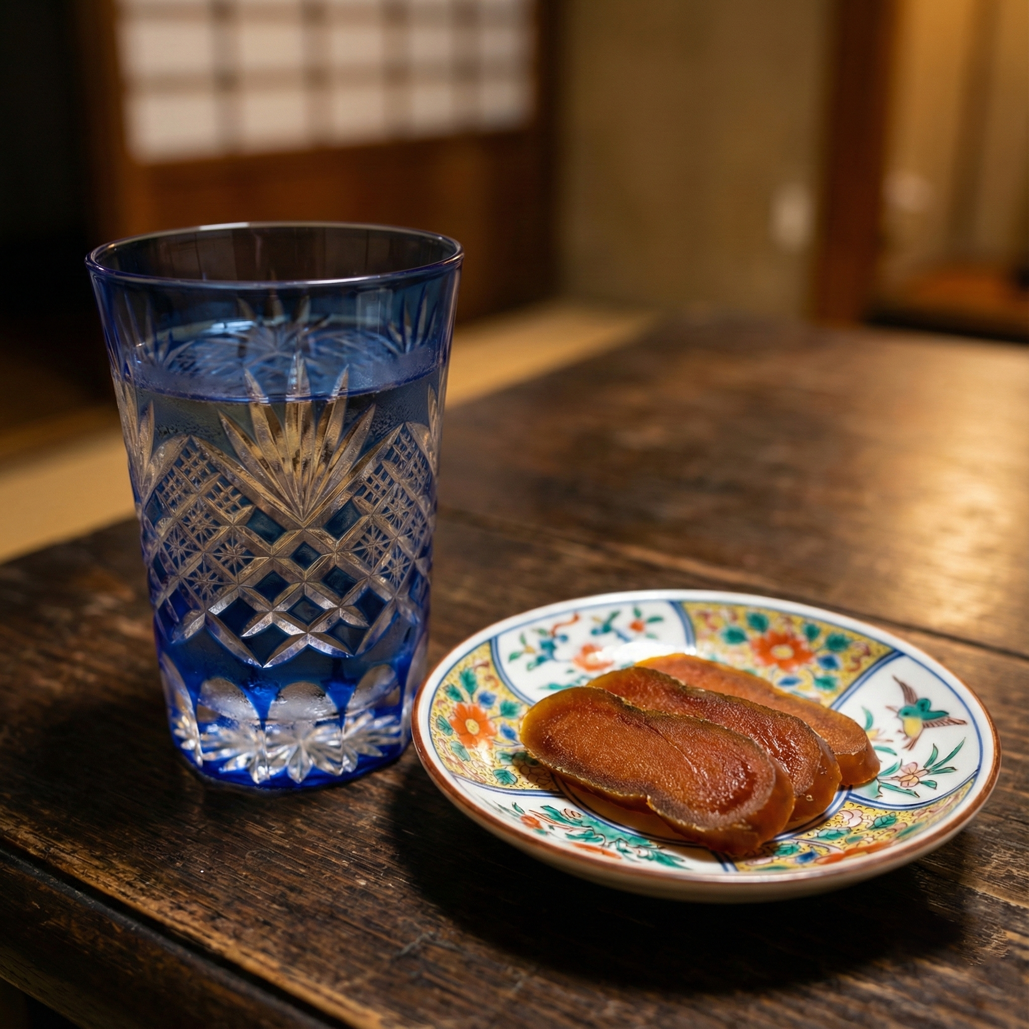 Kiriko cut glass with chinmi on a small ceramic plate