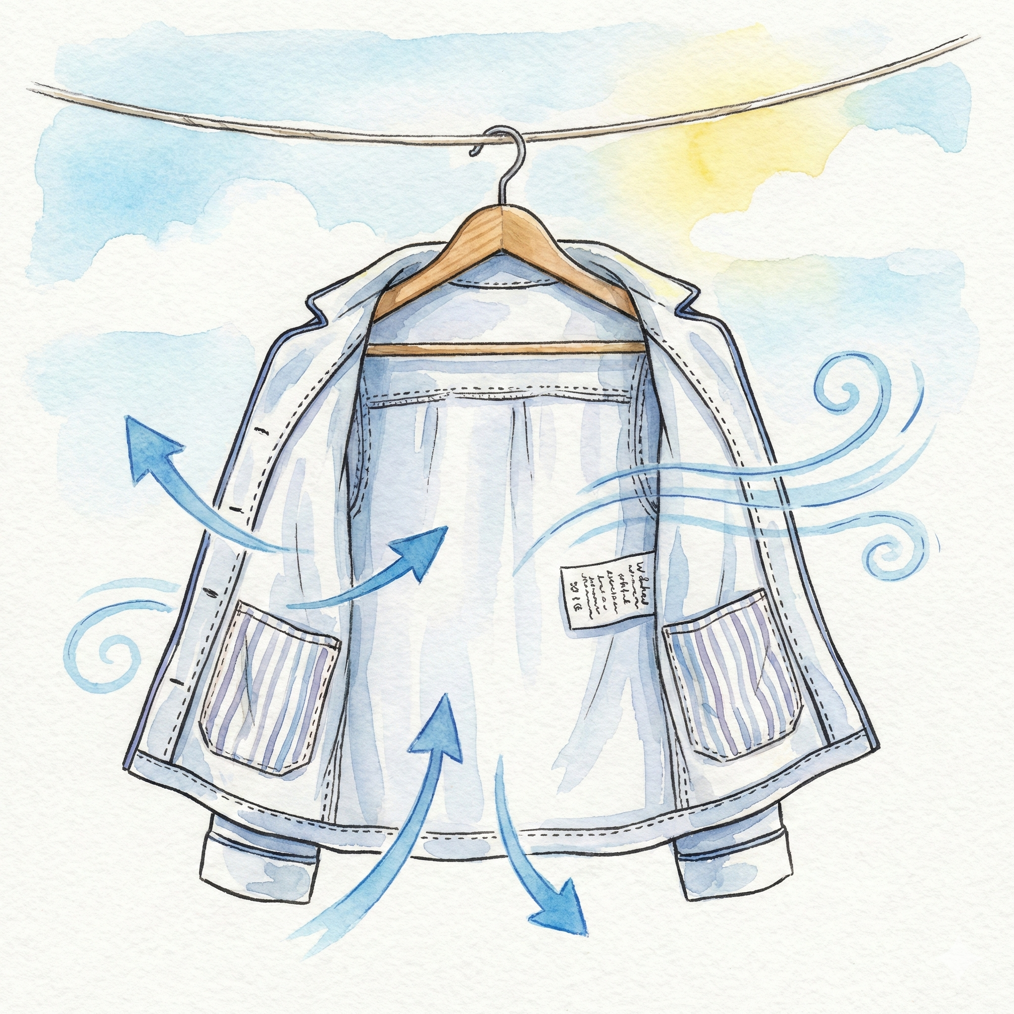 Illustration of pajamas hanging inside-out on a laundry hanger, showing exposed pocket lining and side seams