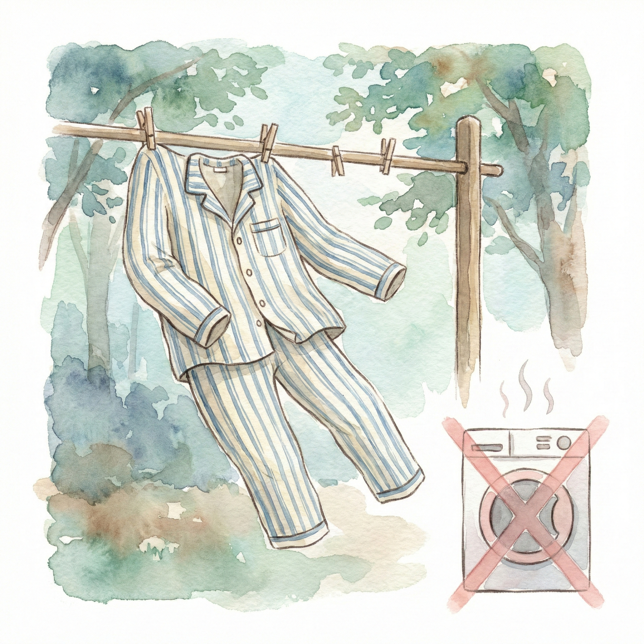Illustration of pajamas hanging to dry in the shade, with a tumble dryer prohibition symbol beside them