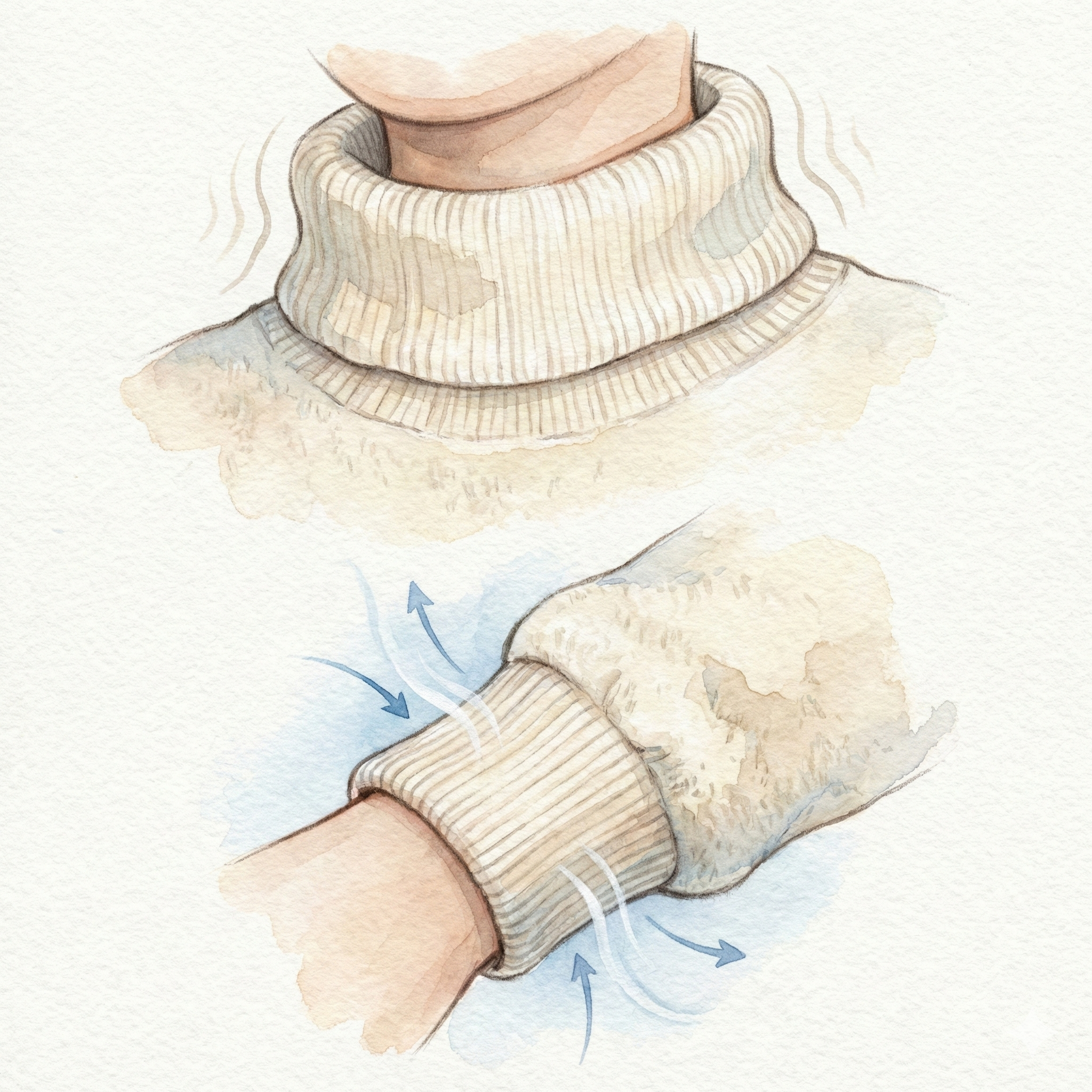 Illustration of pajamas with a raised neckline and ribbed cuffs at the wrists, blocking cold air entry points