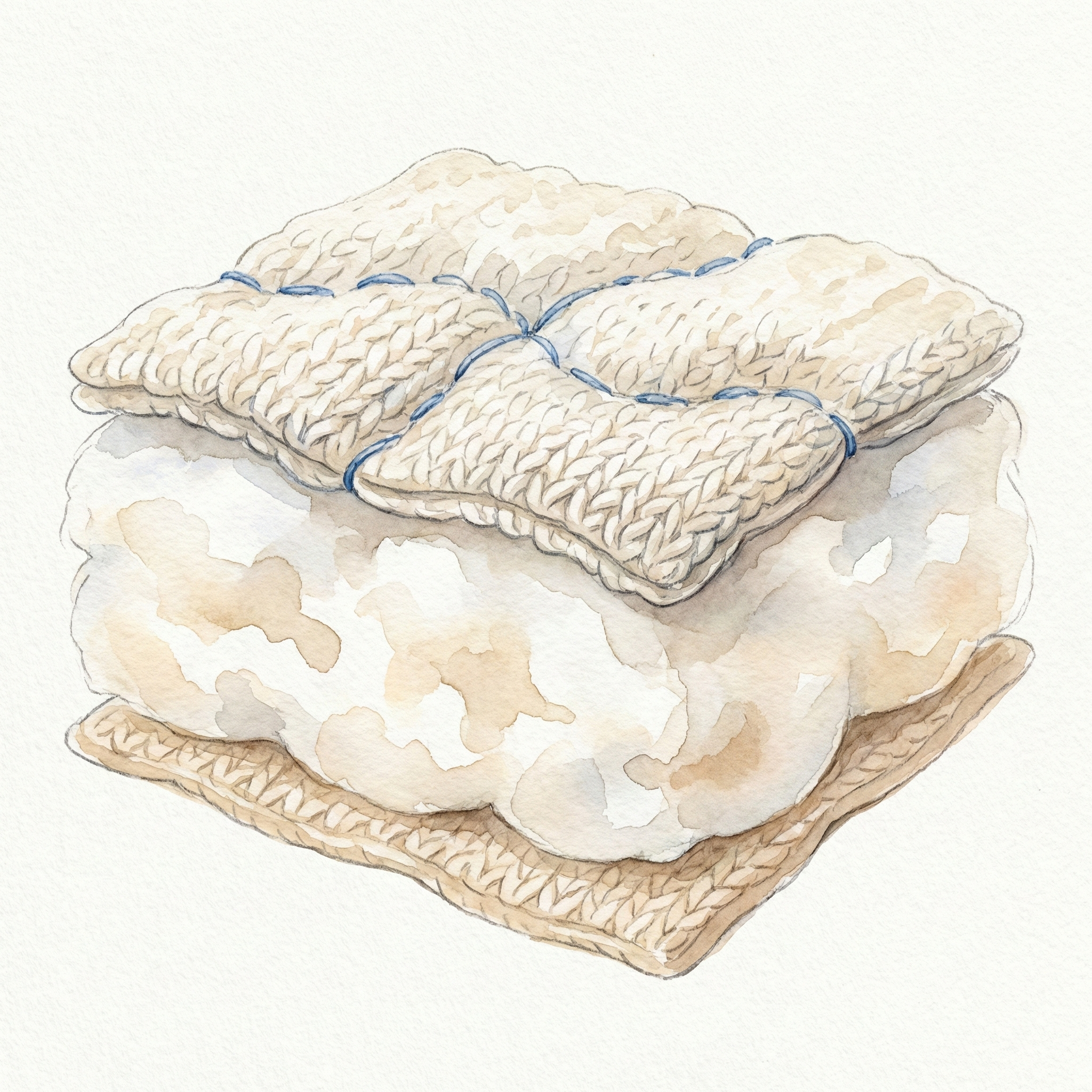 Cross-section illustration of knit-quilt construction: two knit fabric layers with batting sandwiched between them