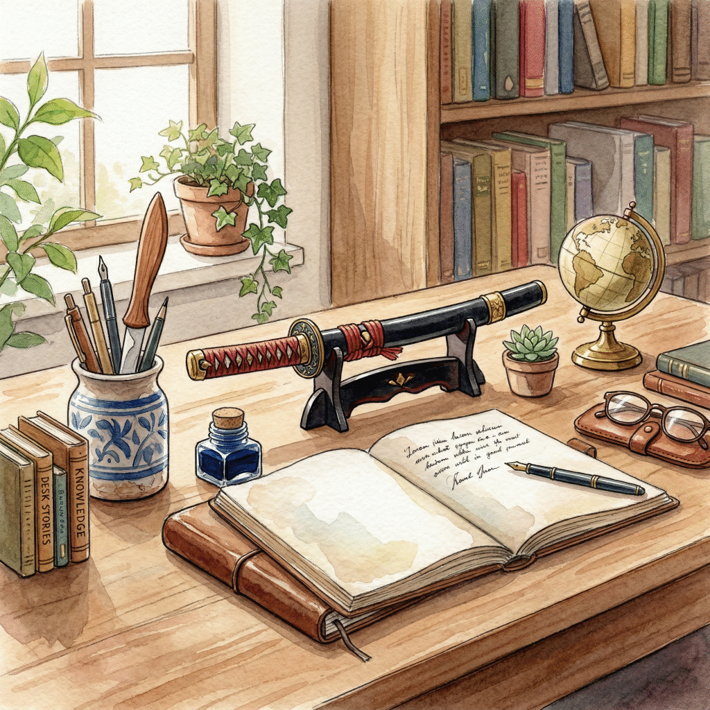 Wood paper knife in a pen holder and sword model on display stand — two desk placement approaches