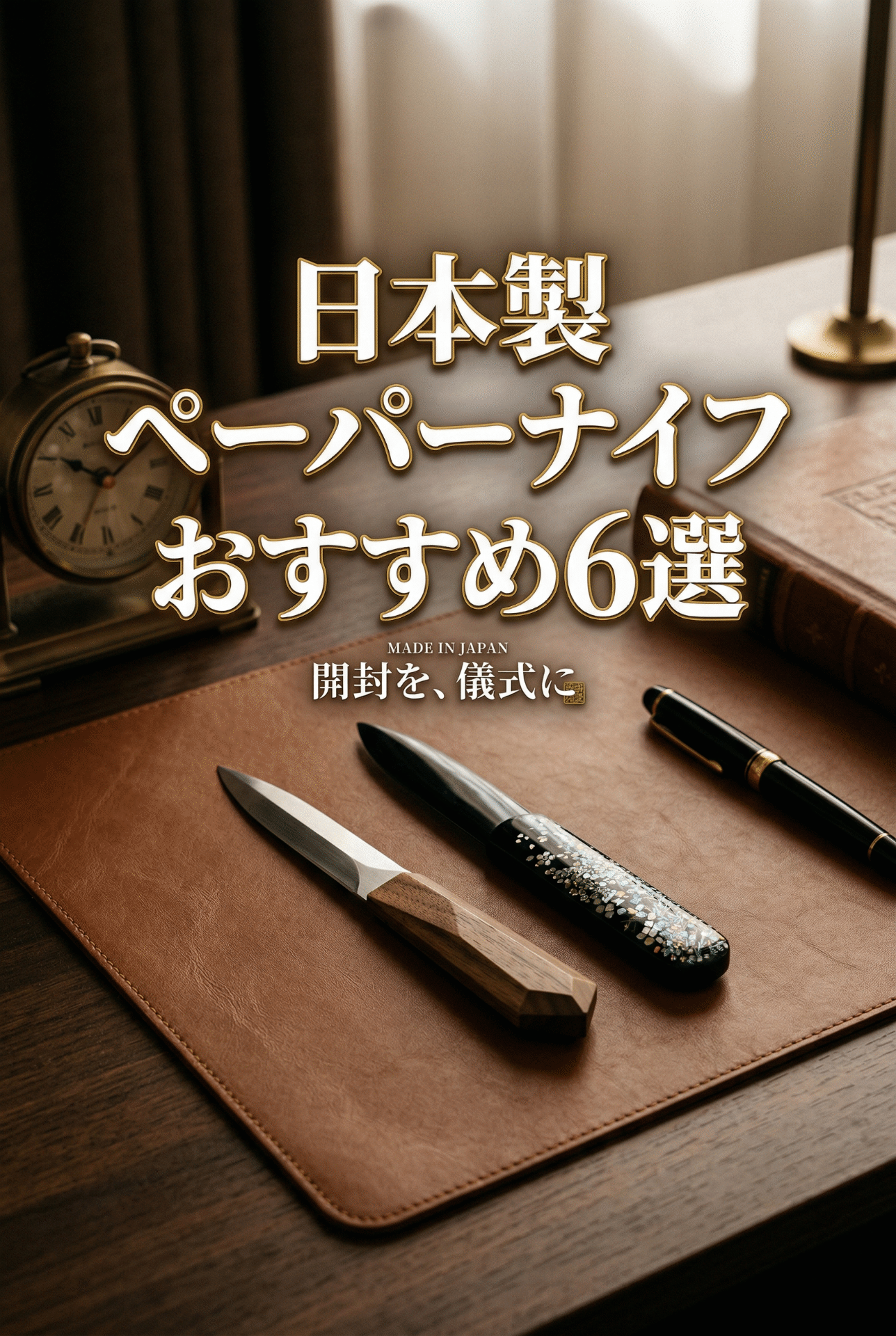 Japanese paper knives — Hacoa wood letter opener and Nikken Hamono sword model on a desk