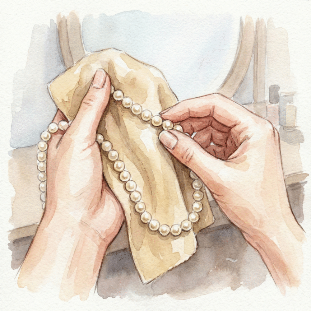 Illustration of hands gently wiping each pearl on a necklace one by one with a soft cloth — the essential daily care habit for maintaining Akoya pearl luster