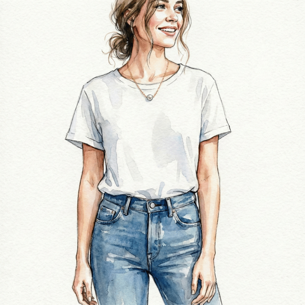 Illustration of a single Akoya pearl on a delicate chain peeking out from the neckline of a plain white T-shirt — a minimal, effortlessly elegant casual look