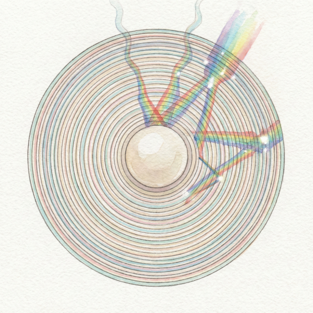 Cross-section diagram of an Akoya pearl showing the round nucleus at the center, surrounded by hundreds of fine nacre layers that reflect and diffract light to create the signature teri glow