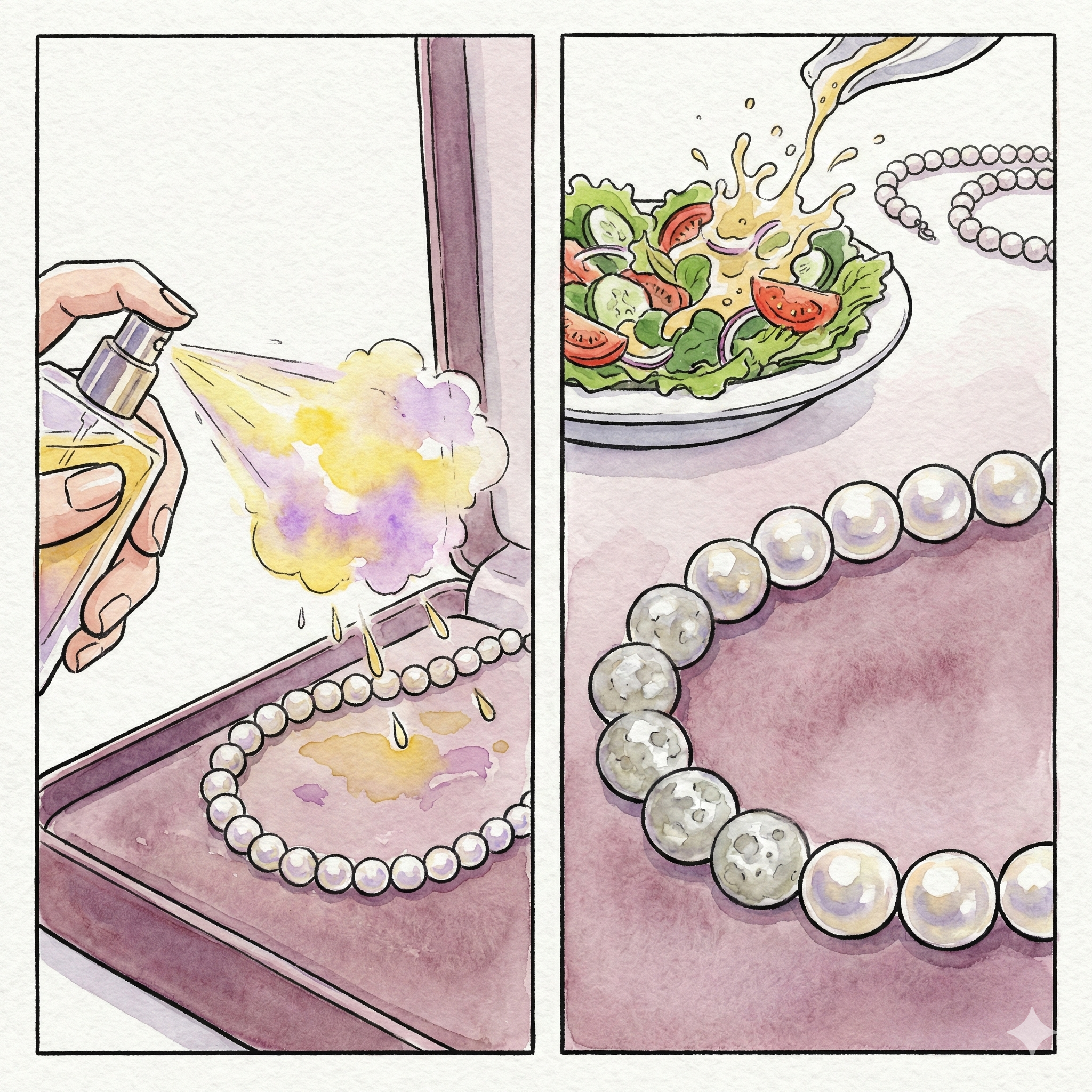 Illustration showing the three enemies of pearls: sweat contact, food splashes such as salad dressing, and cosmetic sprays including perfume and hairspray — each causing surface cloudiness