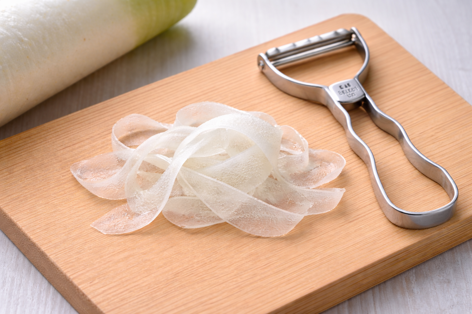 A daikon radish peeled paper-thin with a Japanese peeler — the peel is almost translucent