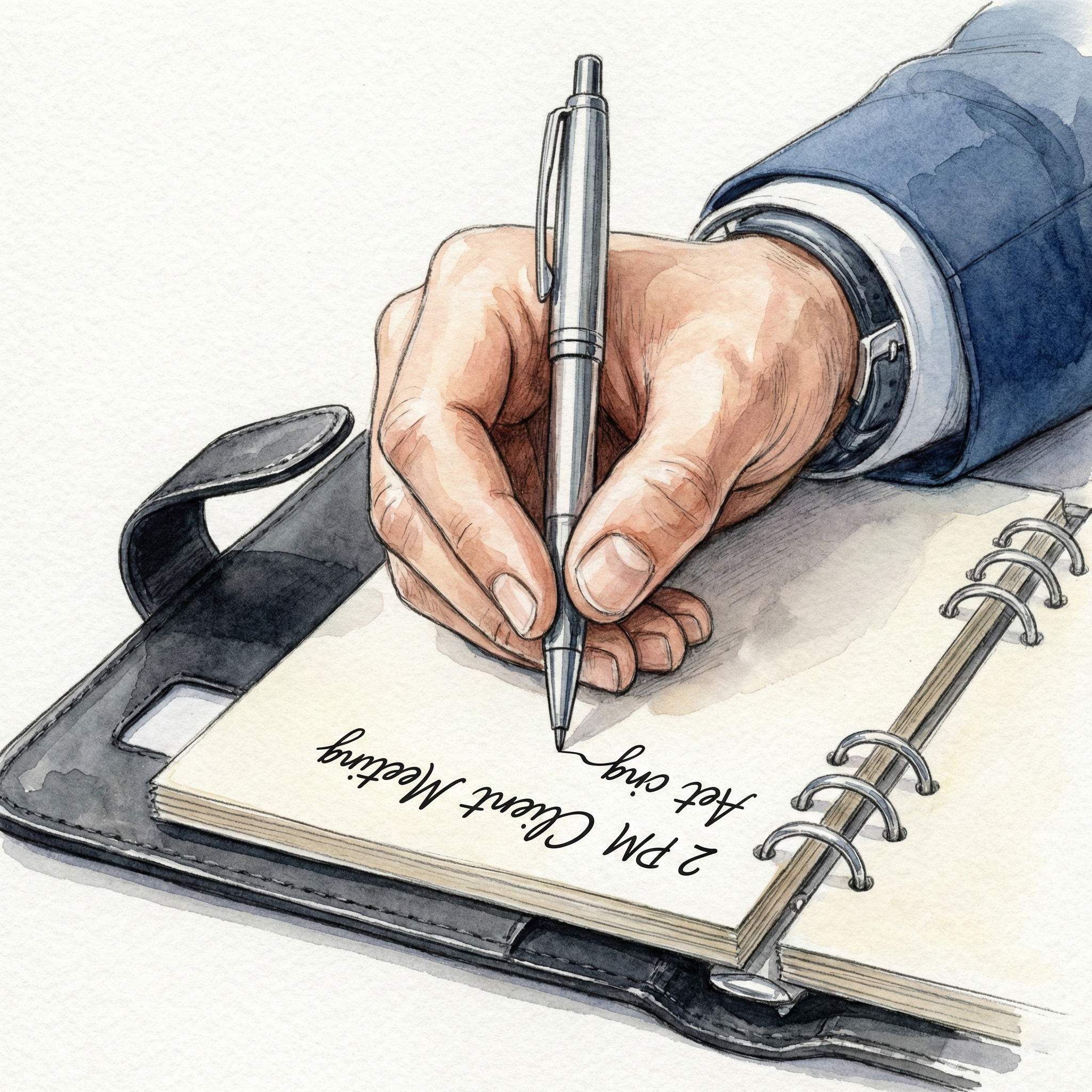 Illustration of a premium ballpoint pen writing in a business planner — smooth, leak-free, always ready
